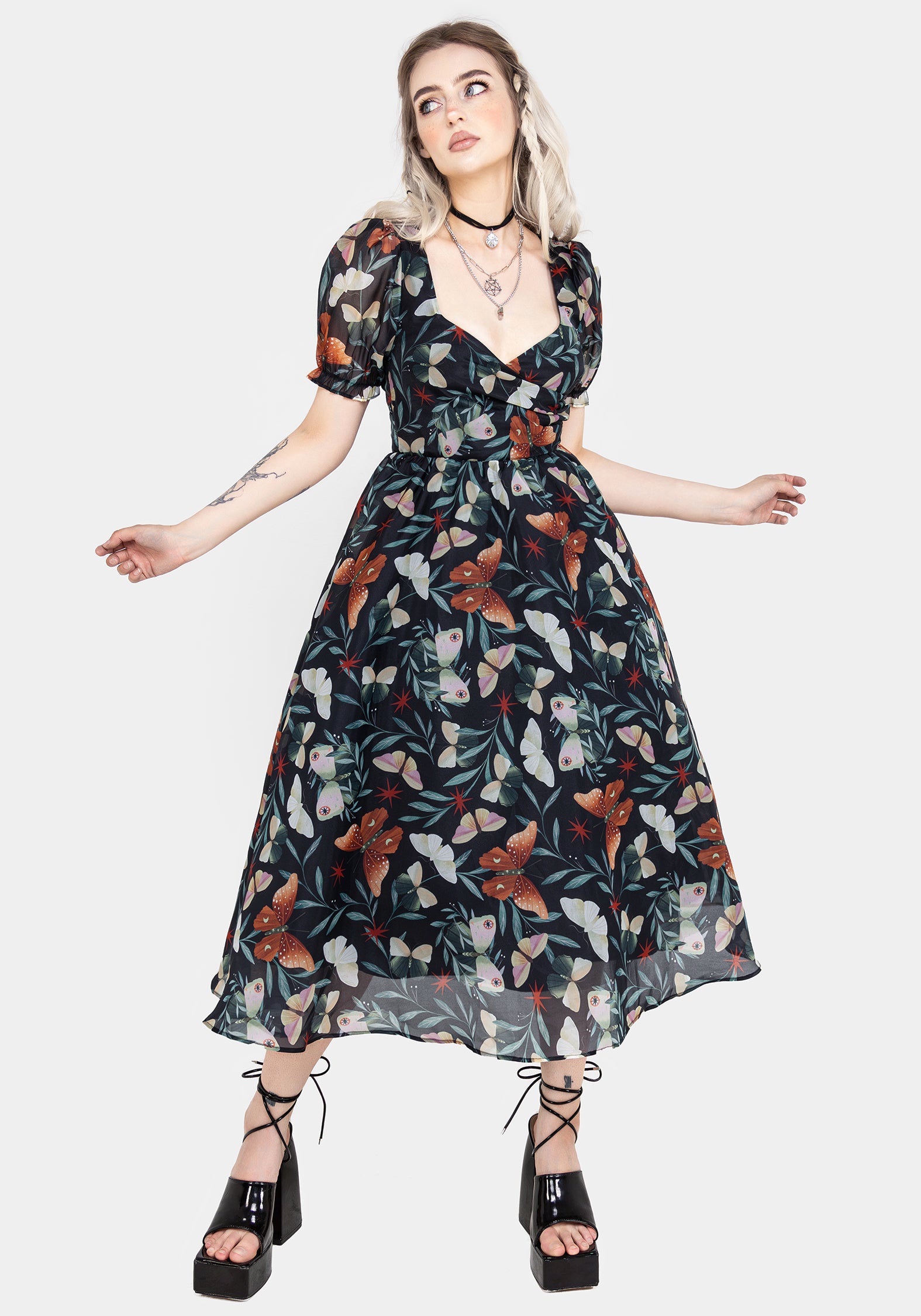 Butterfly Print Organza Midi Dress with Puff Sleeves | Mariposa