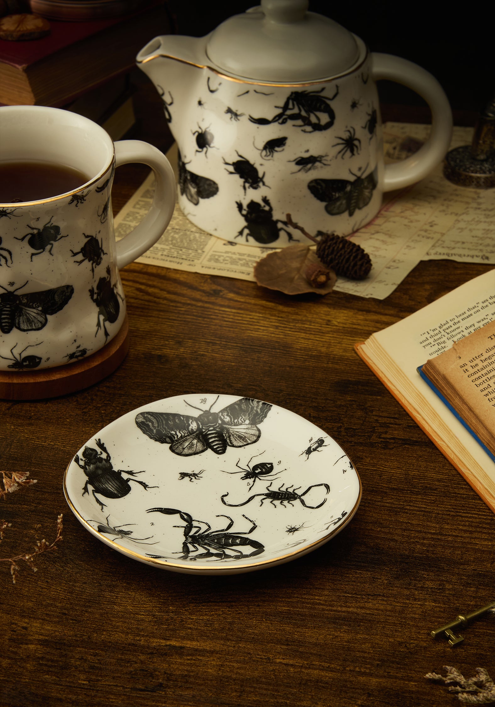 Ceramic Trinket Dish with Parasite Bugs Print & Gold Foil Rim | Hand-Wrought Finish