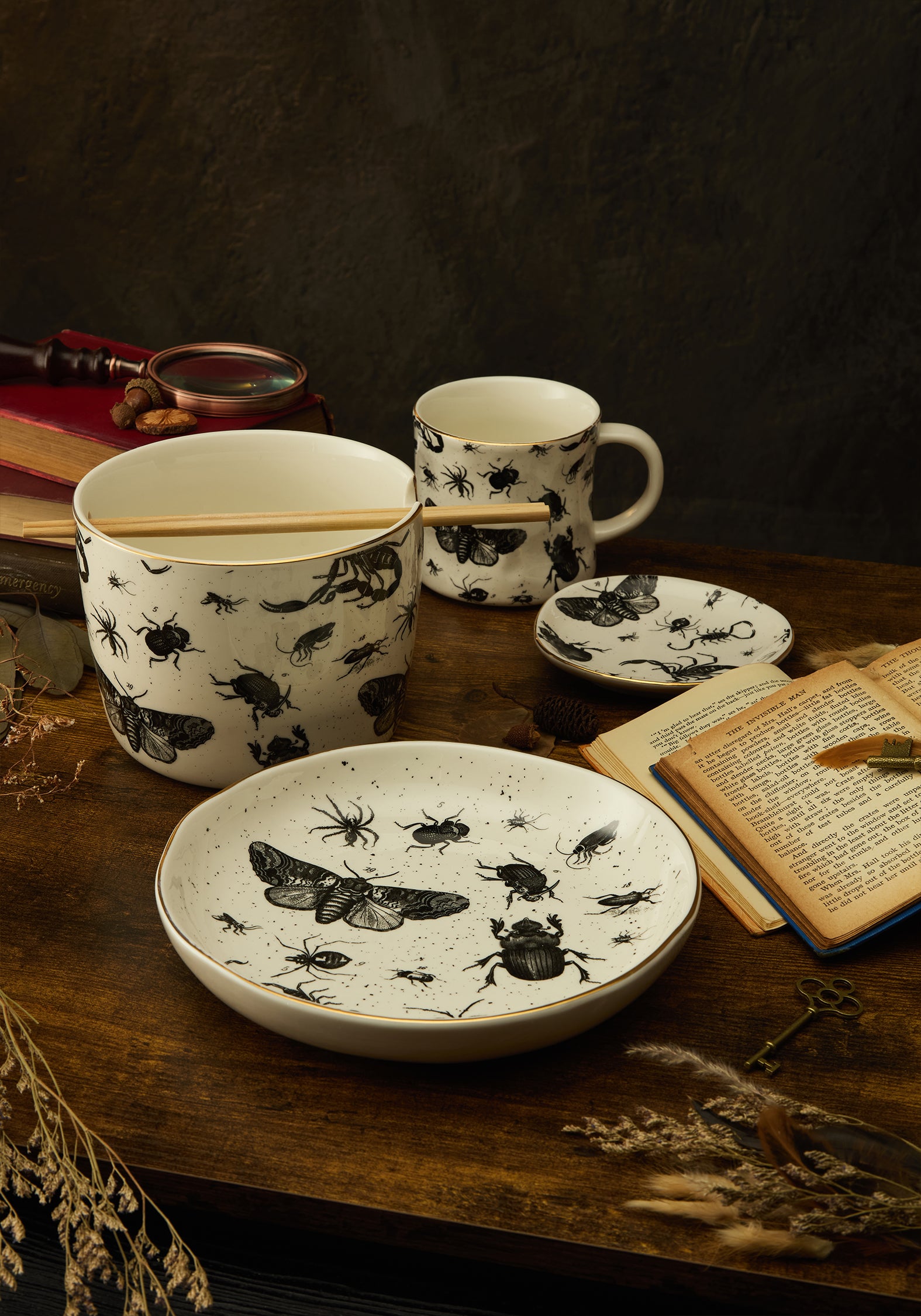 Ceramic Plate with Bug Print & Gold Rim | Parasite Collection