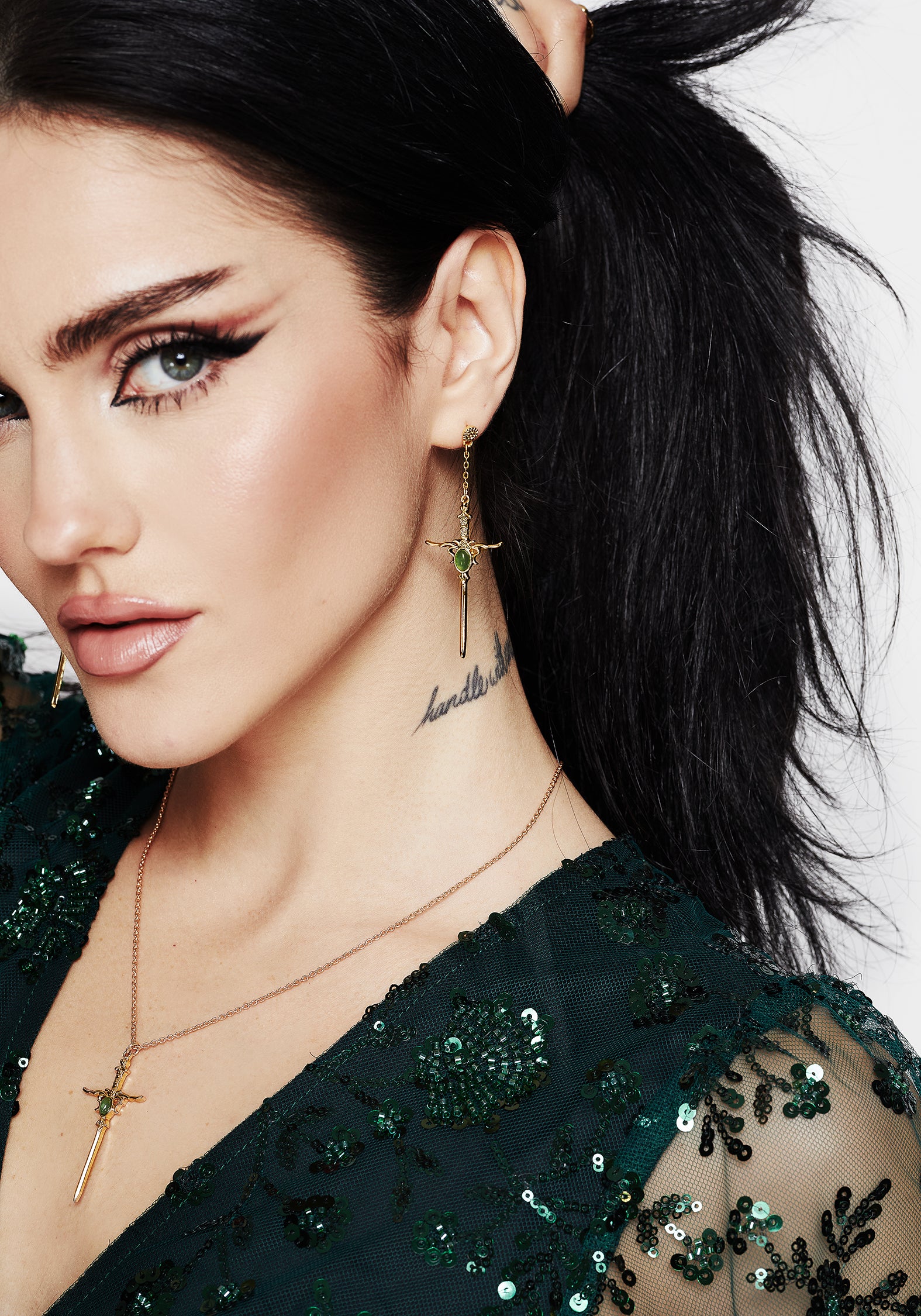 Green Stone Sword Earrings in Gold with Pentacle Detail | Galatine