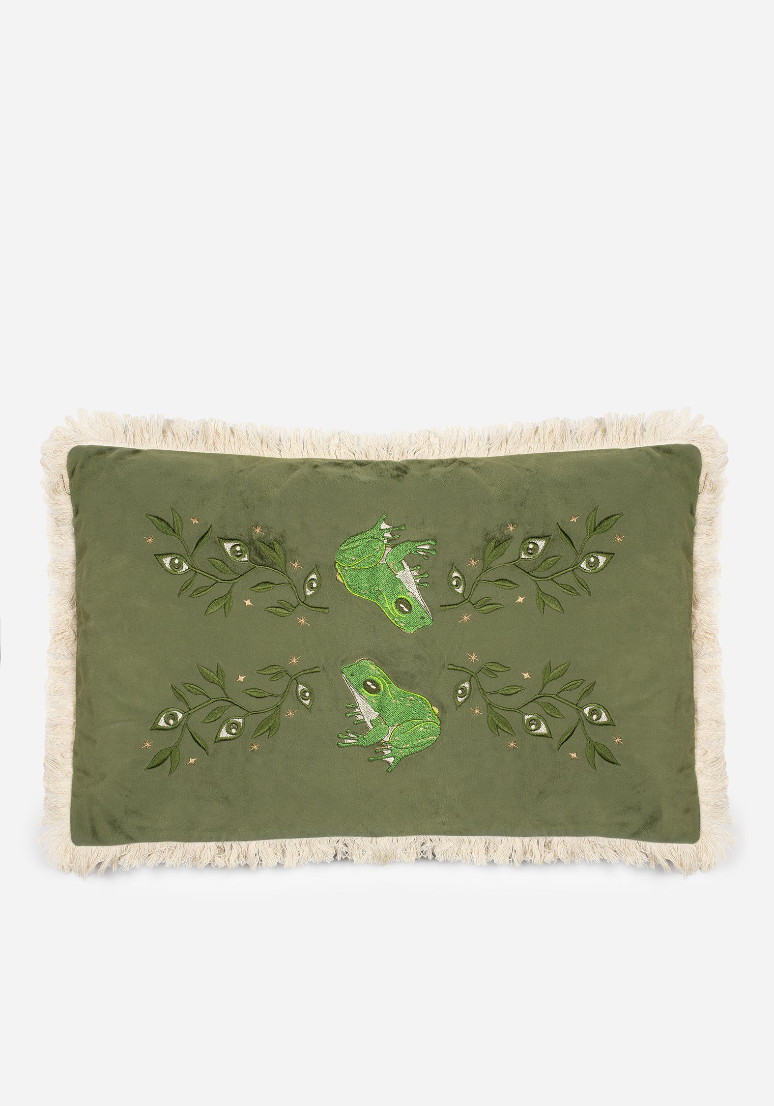 Green Frog Embroidered Velour Cushion with Fringe | Swamplife
