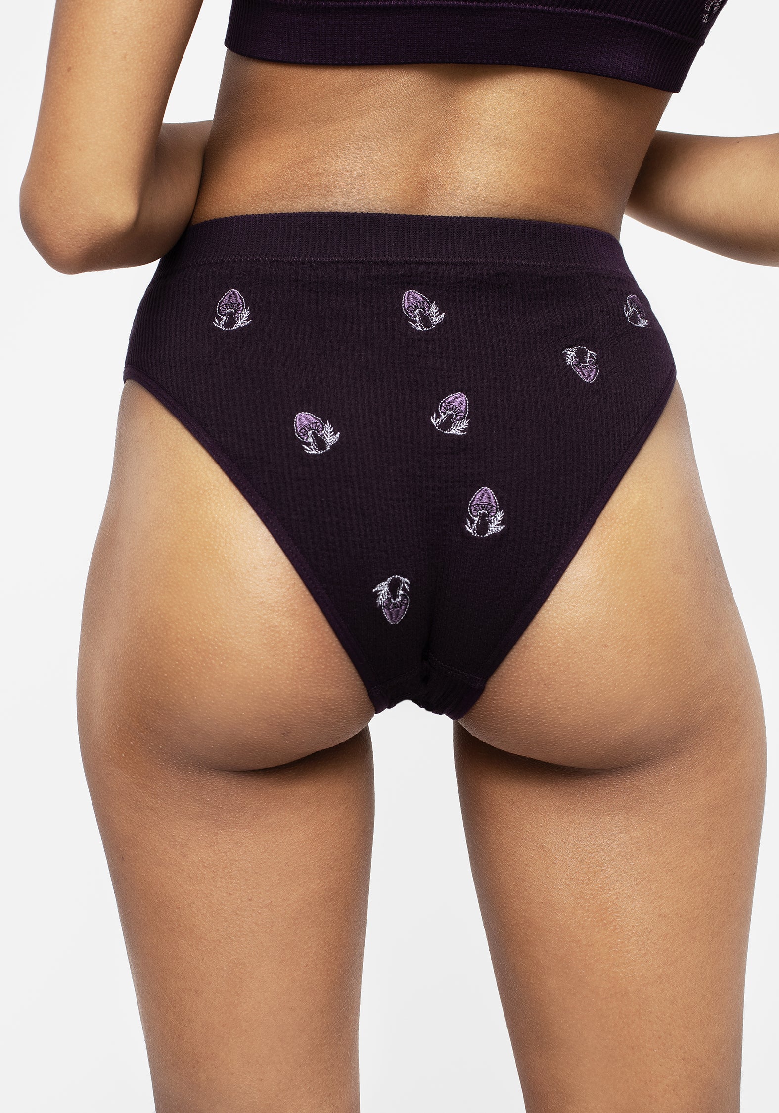 Purple Mushroom Embroidered Briefs | High-Leg & Ribbed Waistband