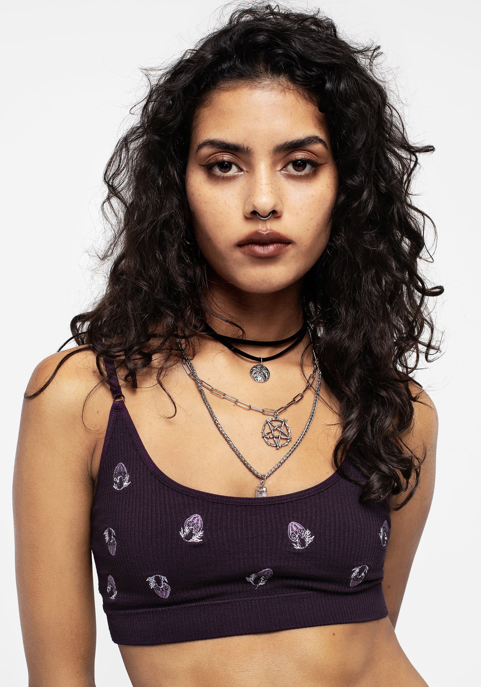 Purple Mushroom Embroidered Bralet Top | Adjustable & Ribbed