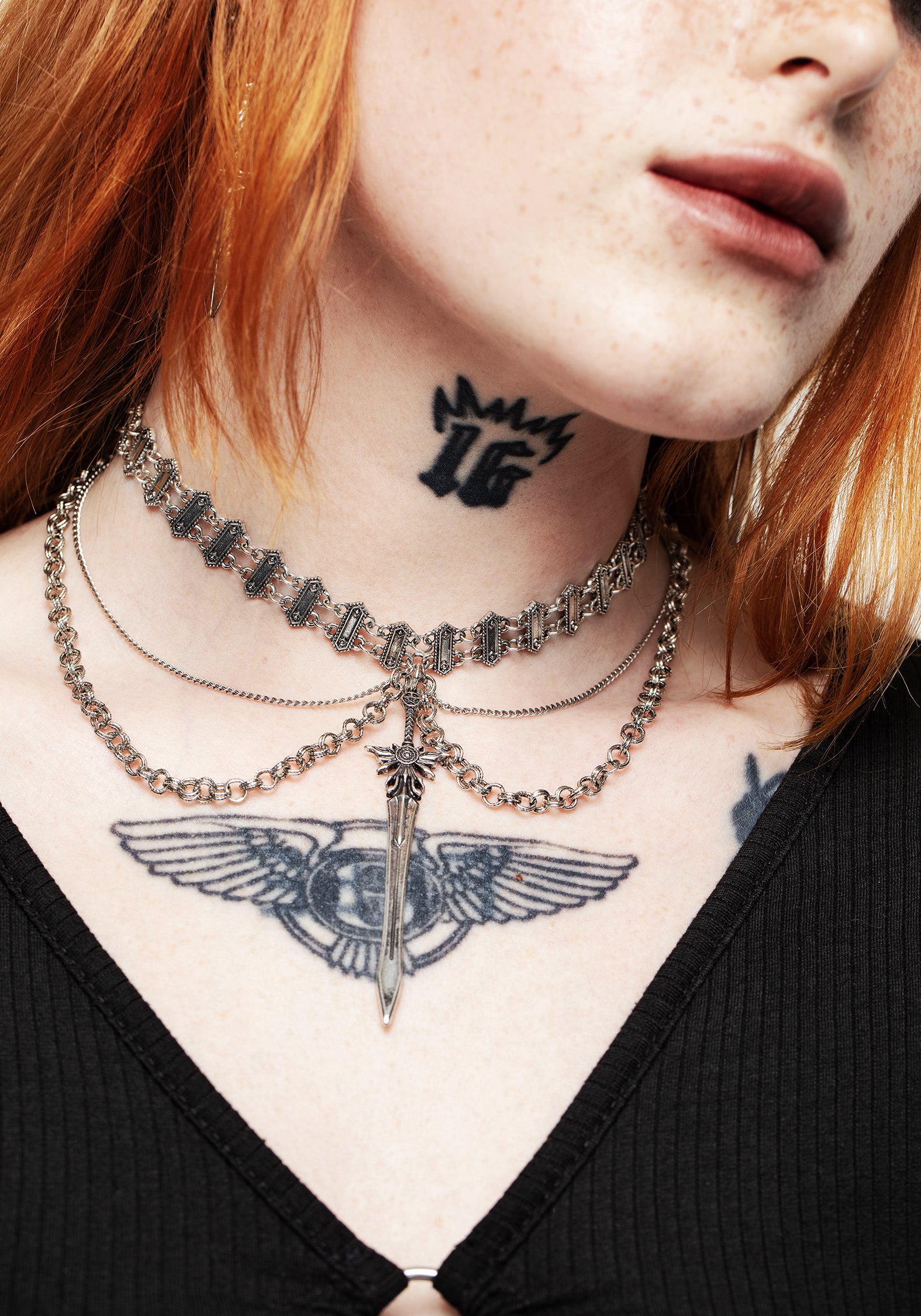 Layered Chain Choker Necklace with Sword Charm | Tempo