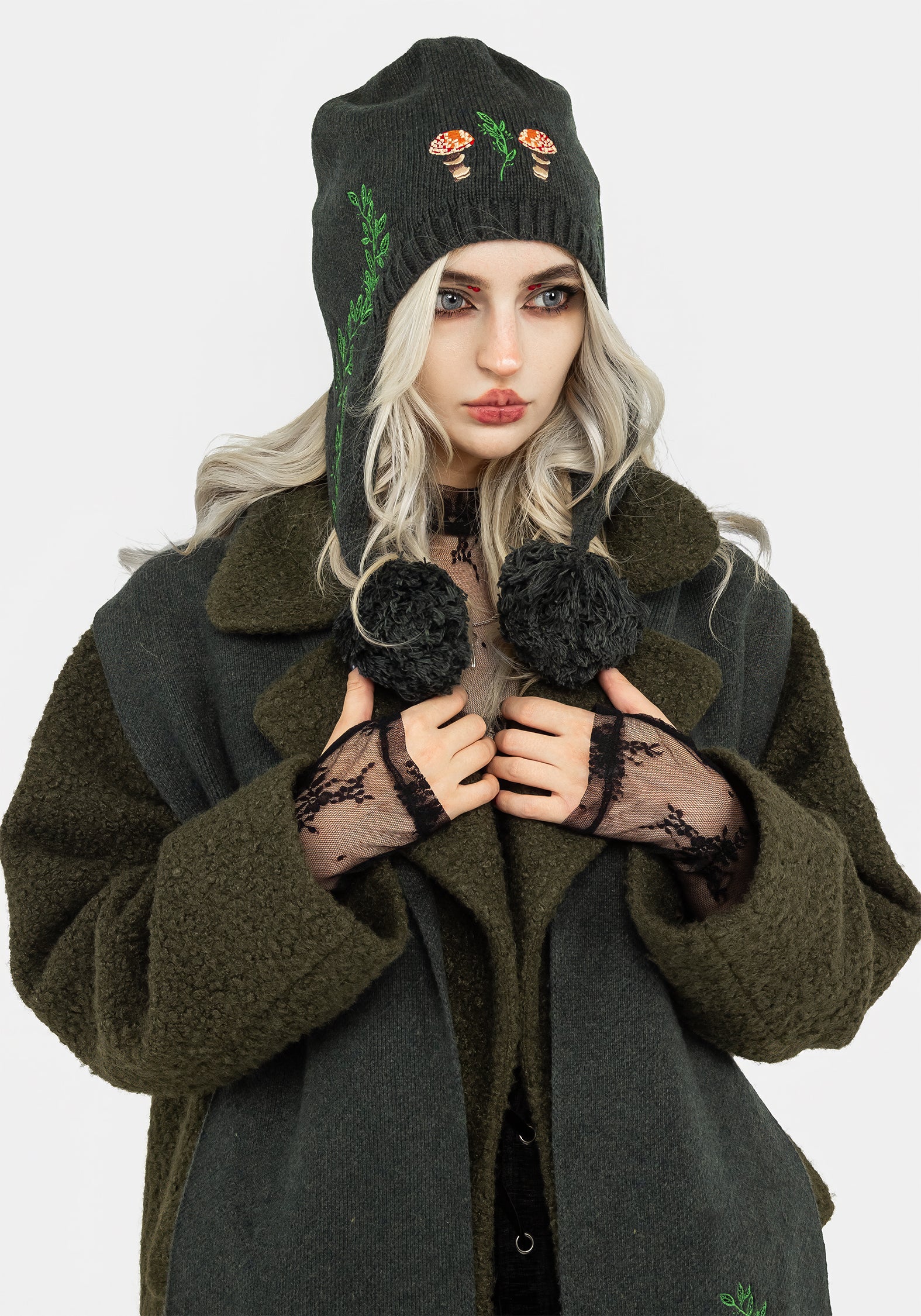 Green Mushroom Embroidered Knit Hat with Earflaps & Pompoms | Fable