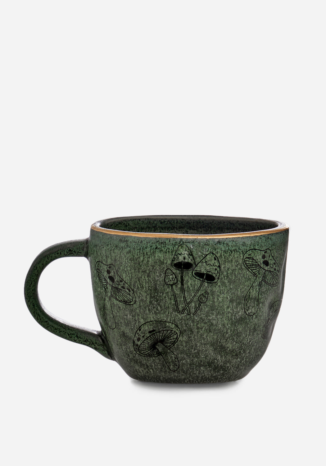 Mossy Green Mushroom Mug with Gold Rim & Speckled Glaze | Handcrafted Ceramic Cup