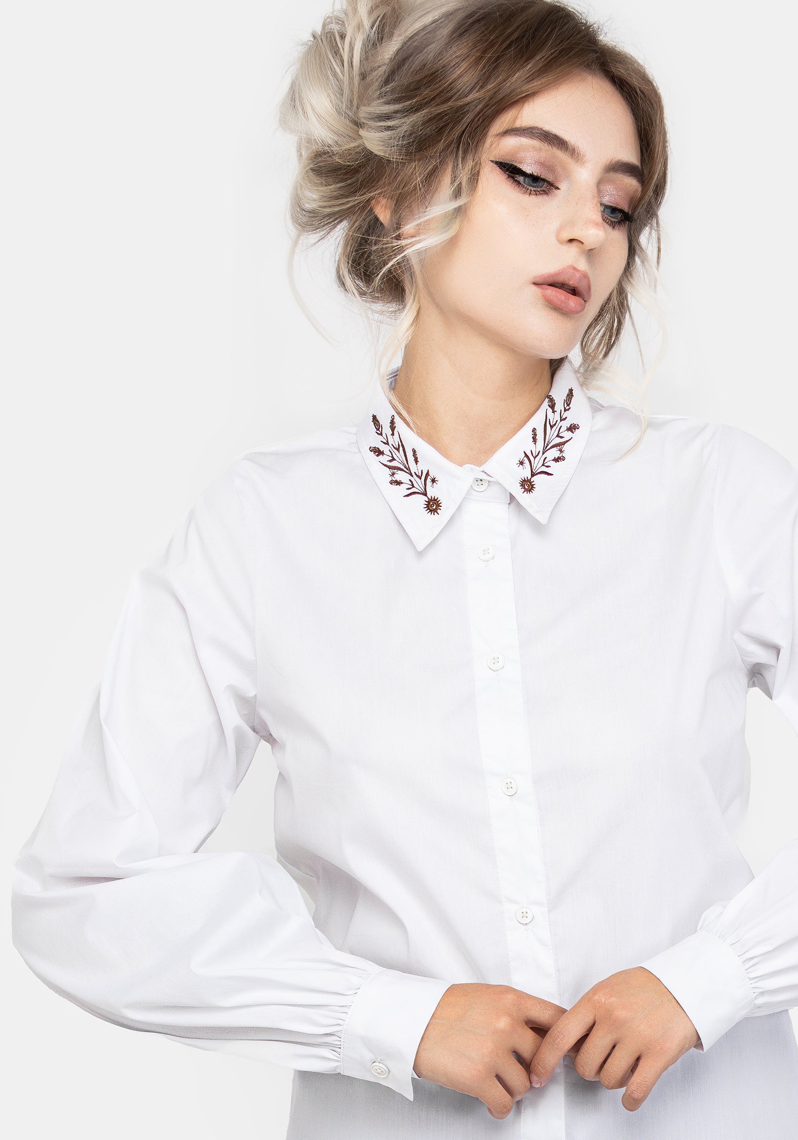 White Floral Embroidered Cotton Shirt | Cybele