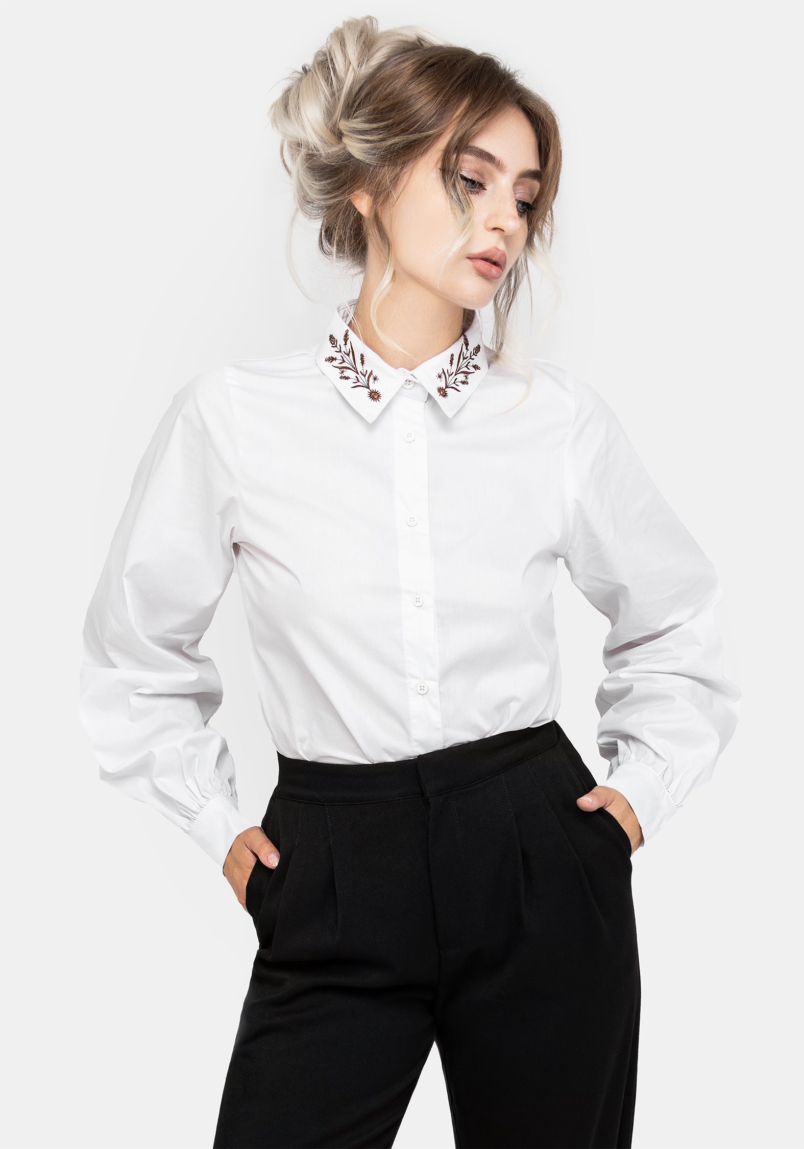 White Floral Embroidered Cotton Shirt | Cybele
