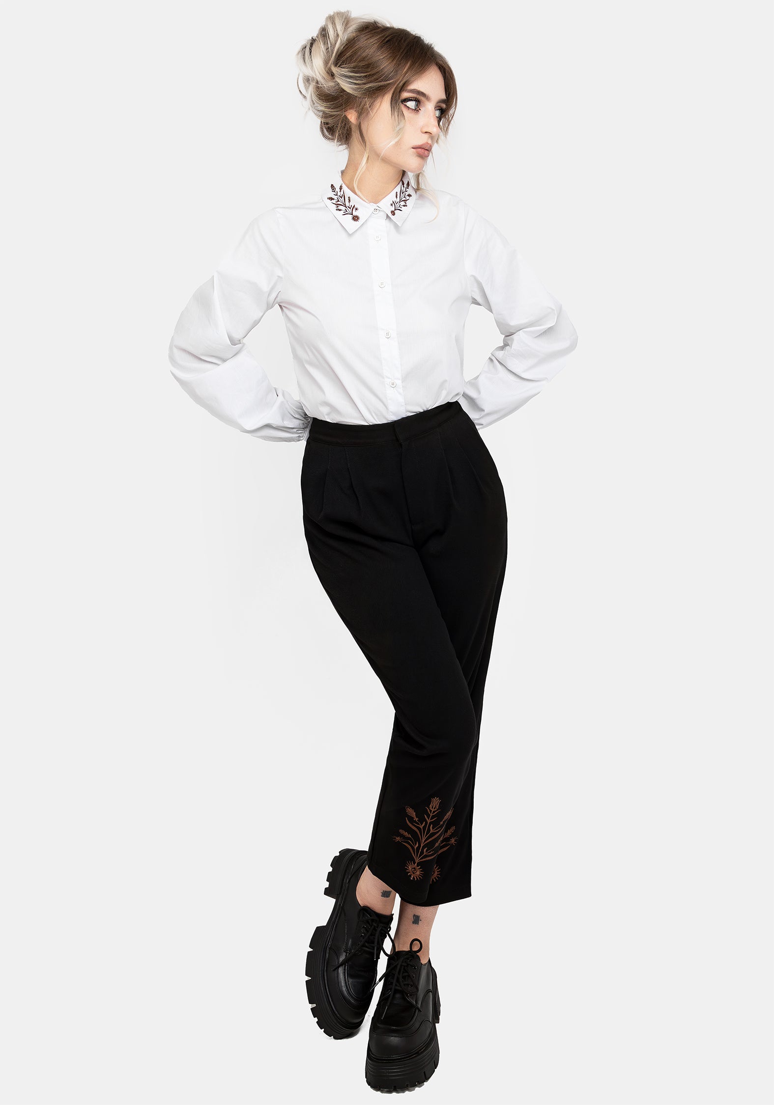White Floral Embroidered Cotton Shirt | Cybele