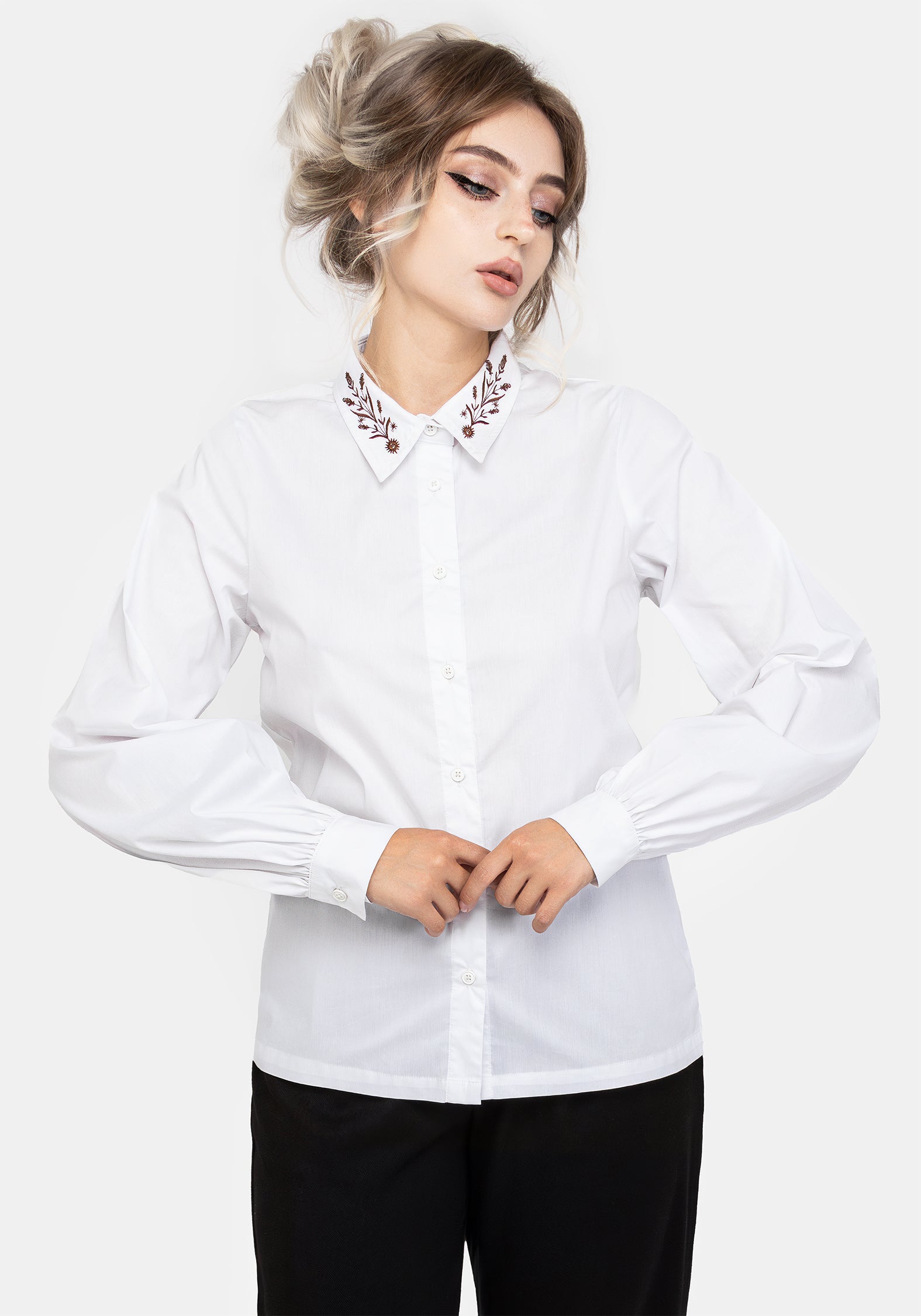 White Floral Embroidered Cotton Shirt | Cybele
