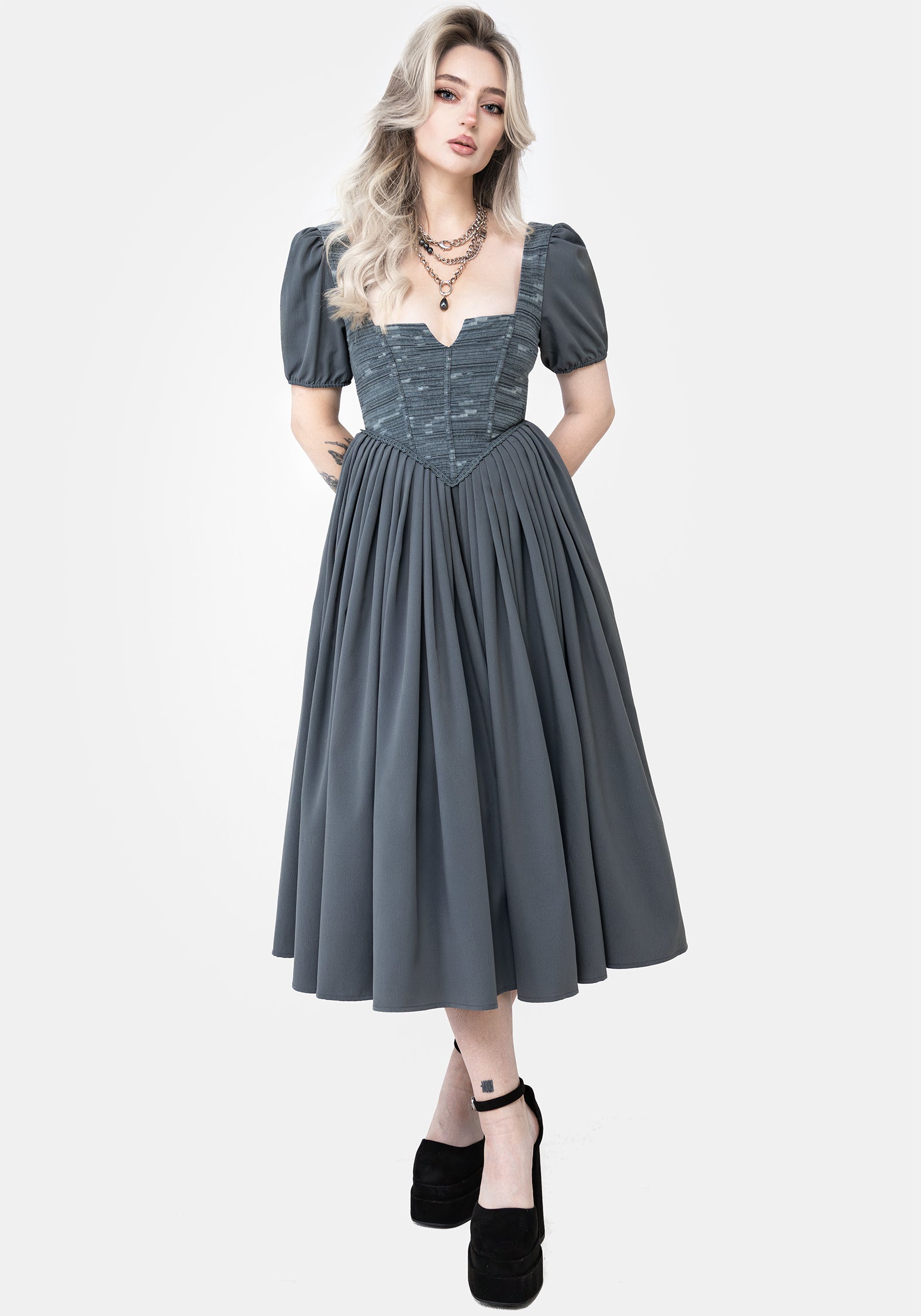 Blue Puff Sleeve Corset Midi Dress with Boning | Slain