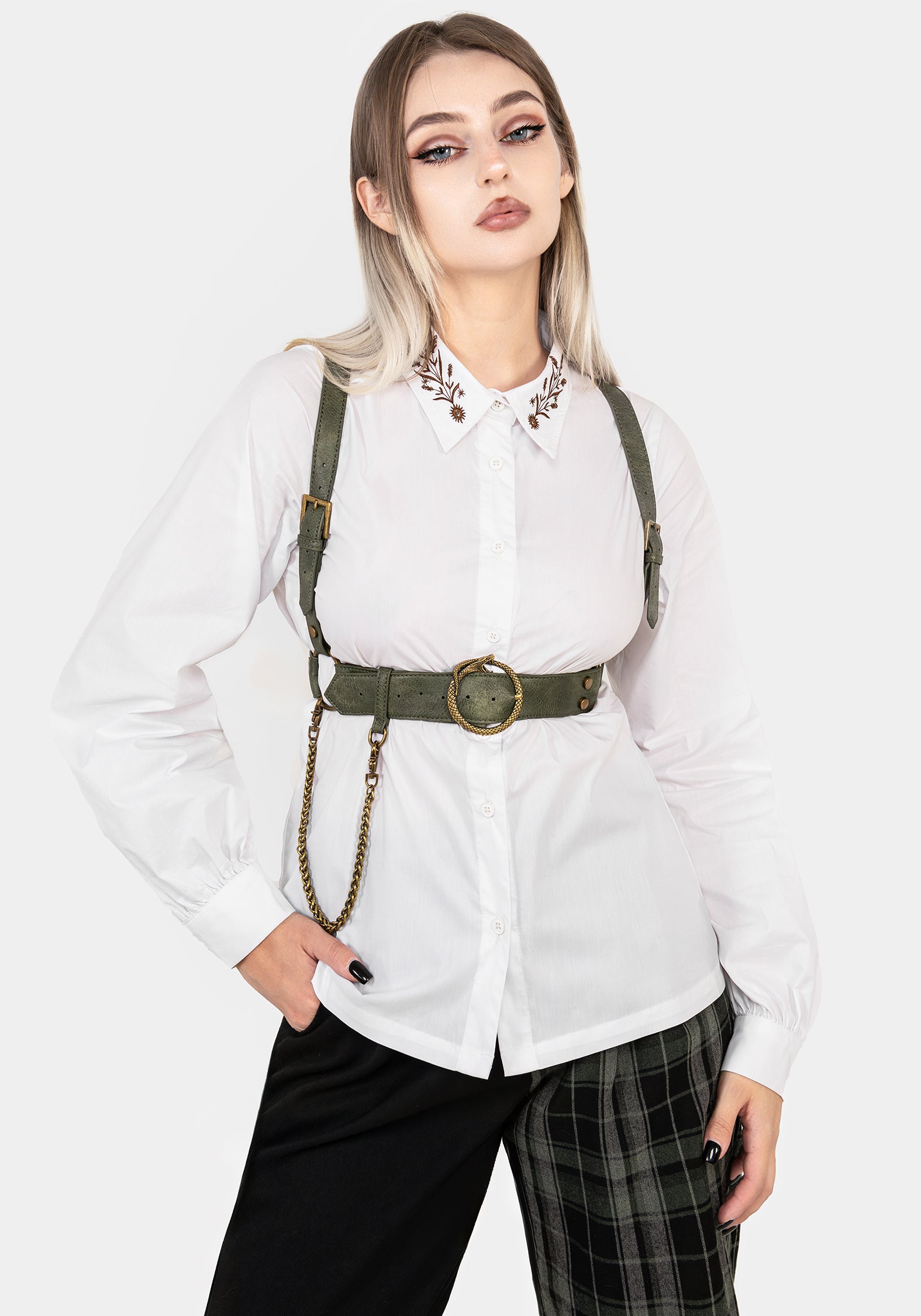 Green Faux Leather Snake Chain Harness with Adjustable Straps | Kaliya