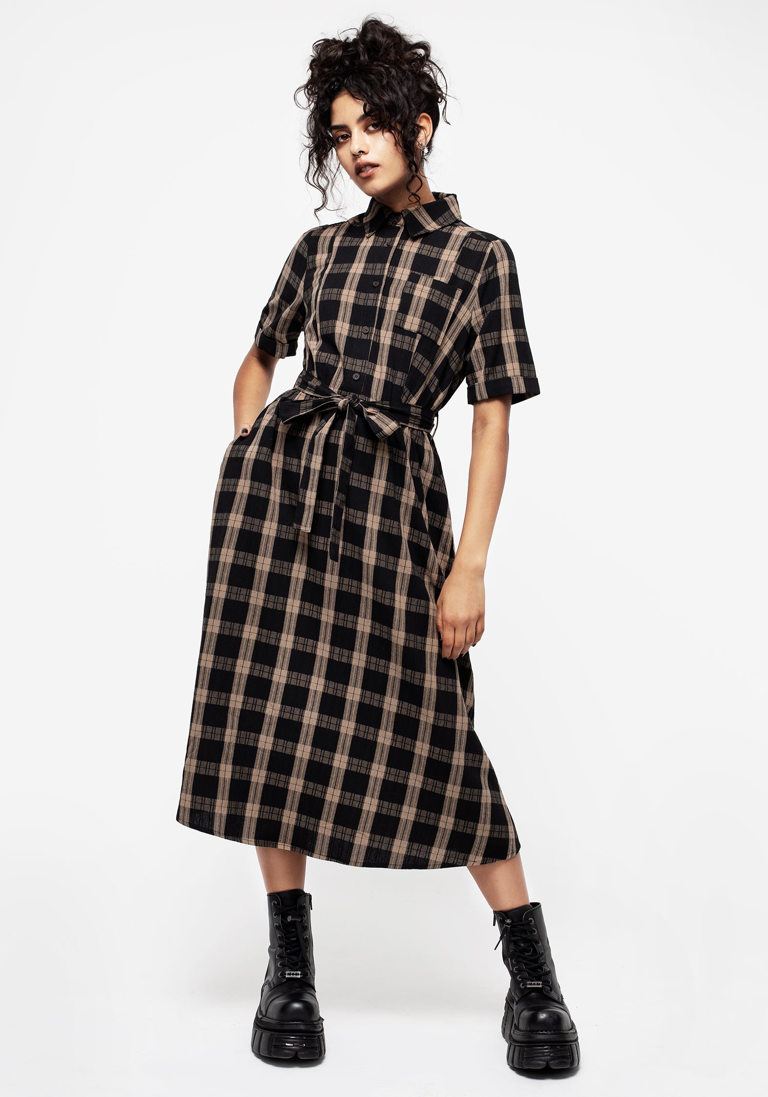 Black & Beige Check Cotton Midi Dress with Belt & Pockets | Rogue