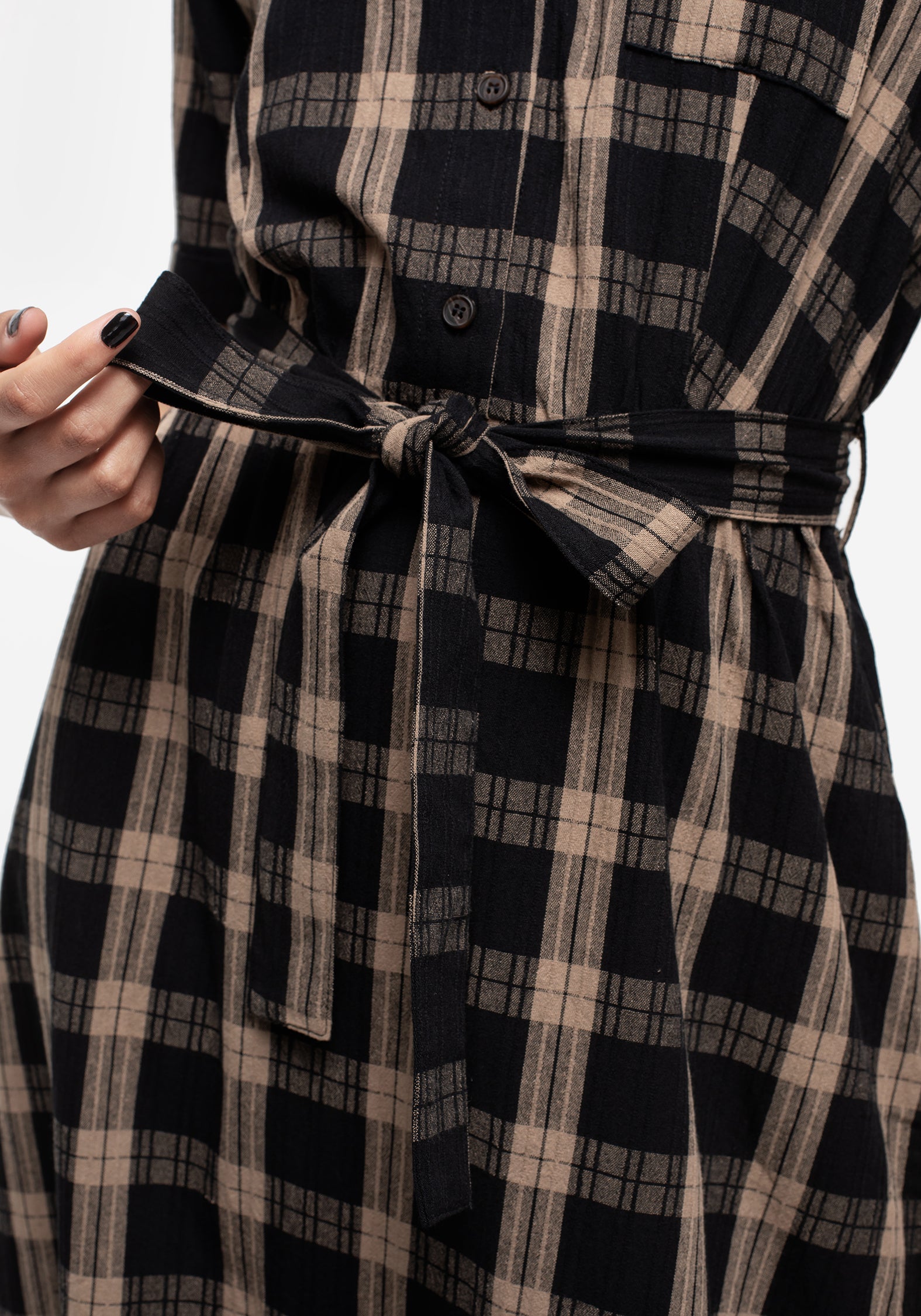 Black & Beige Check Cotton Midi Dress with Belt & Pockets | Rogue
