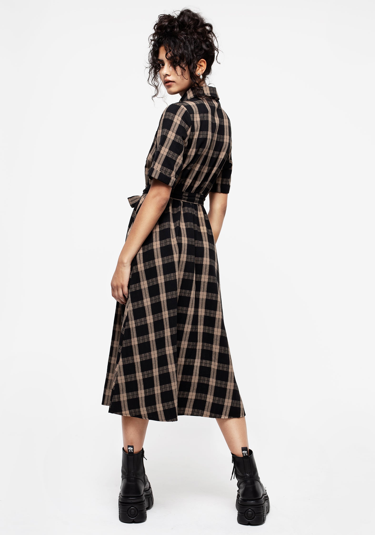 Black & Beige Check Cotton Midi Dress with Belt & Pockets | Rogue