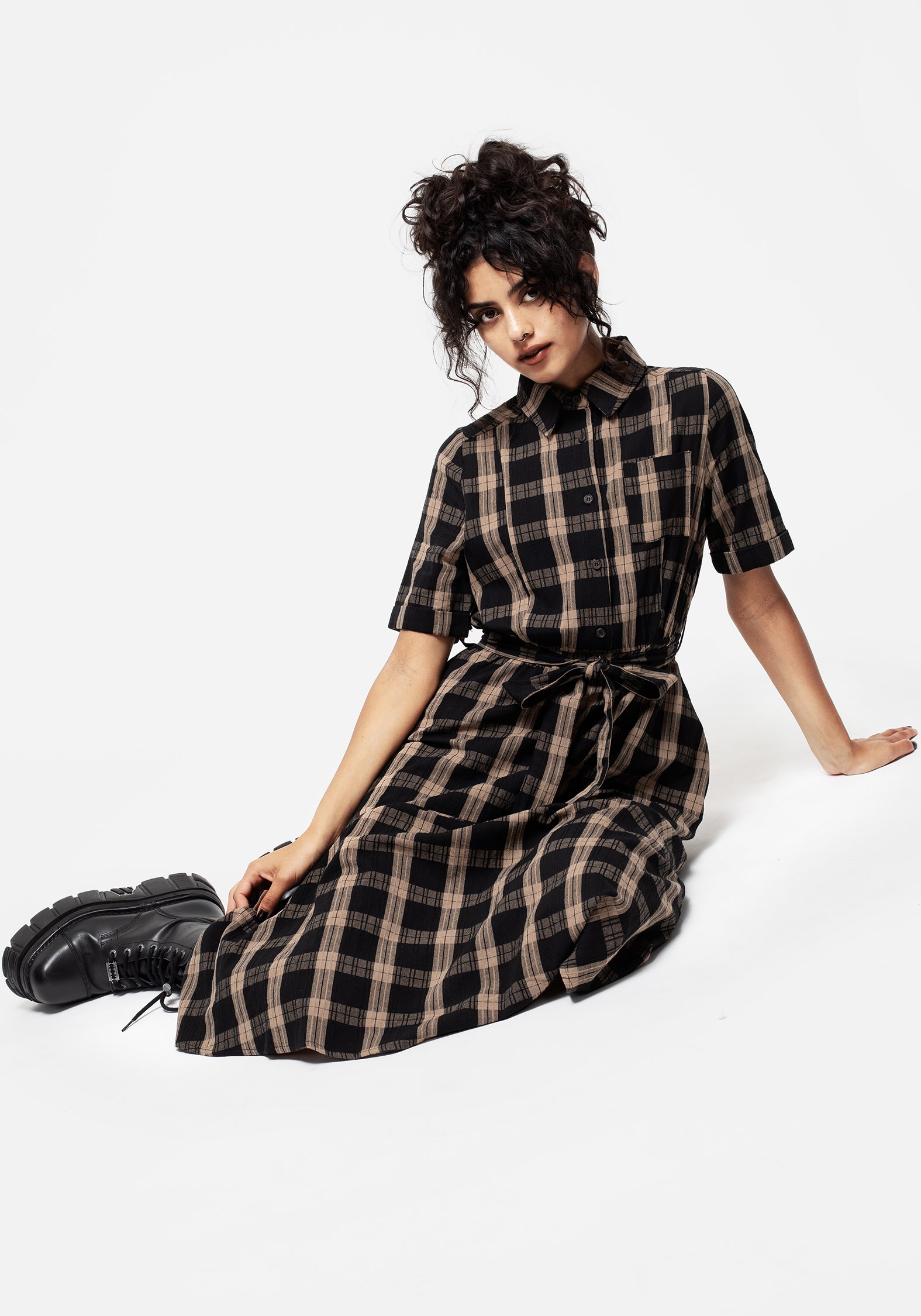 Black & Beige Check Cotton Midi Dress with Belt & Pockets | Rogue