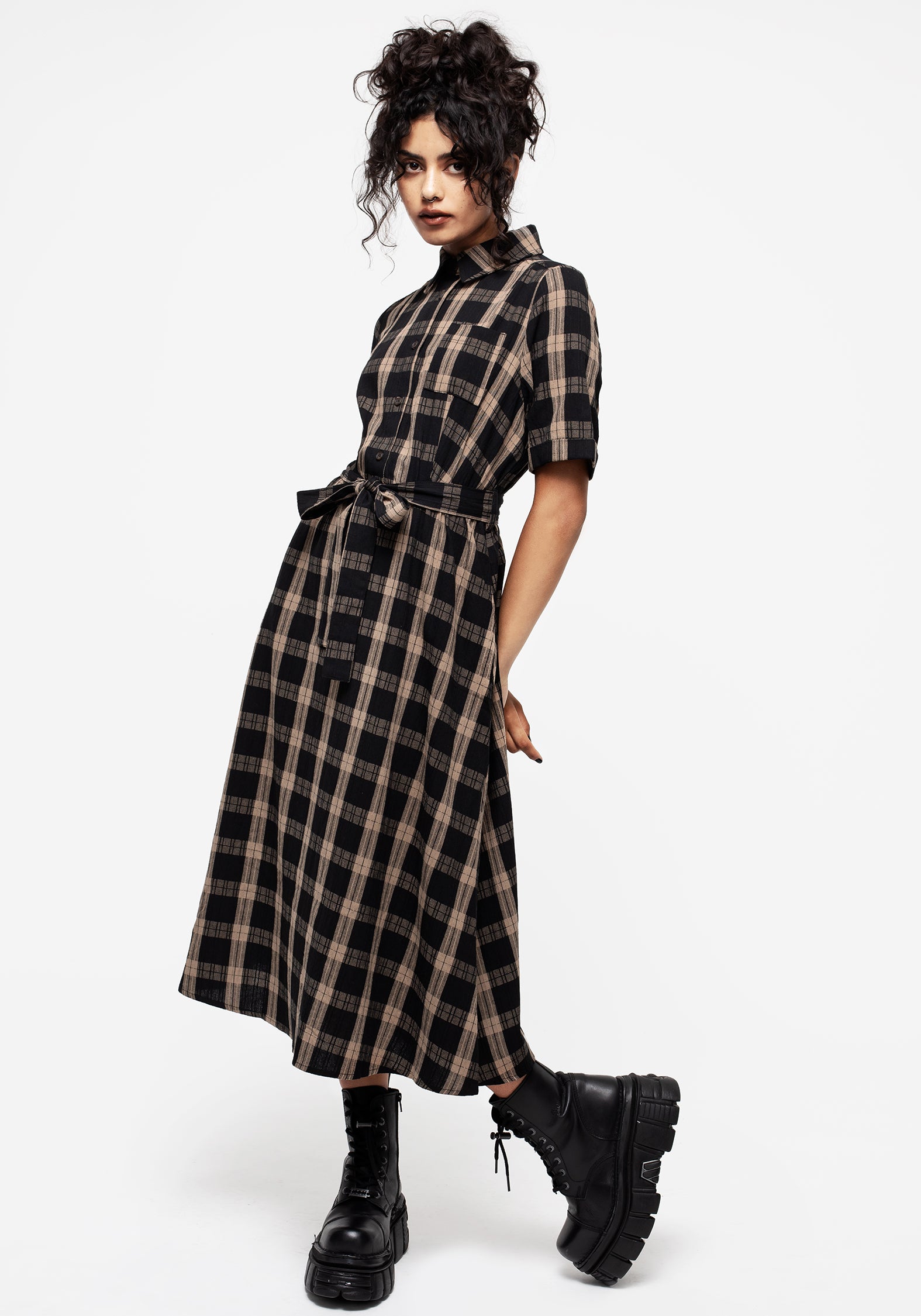 Black & Beige Check Cotton Midi Dress with Belt & Pockets | Rogue