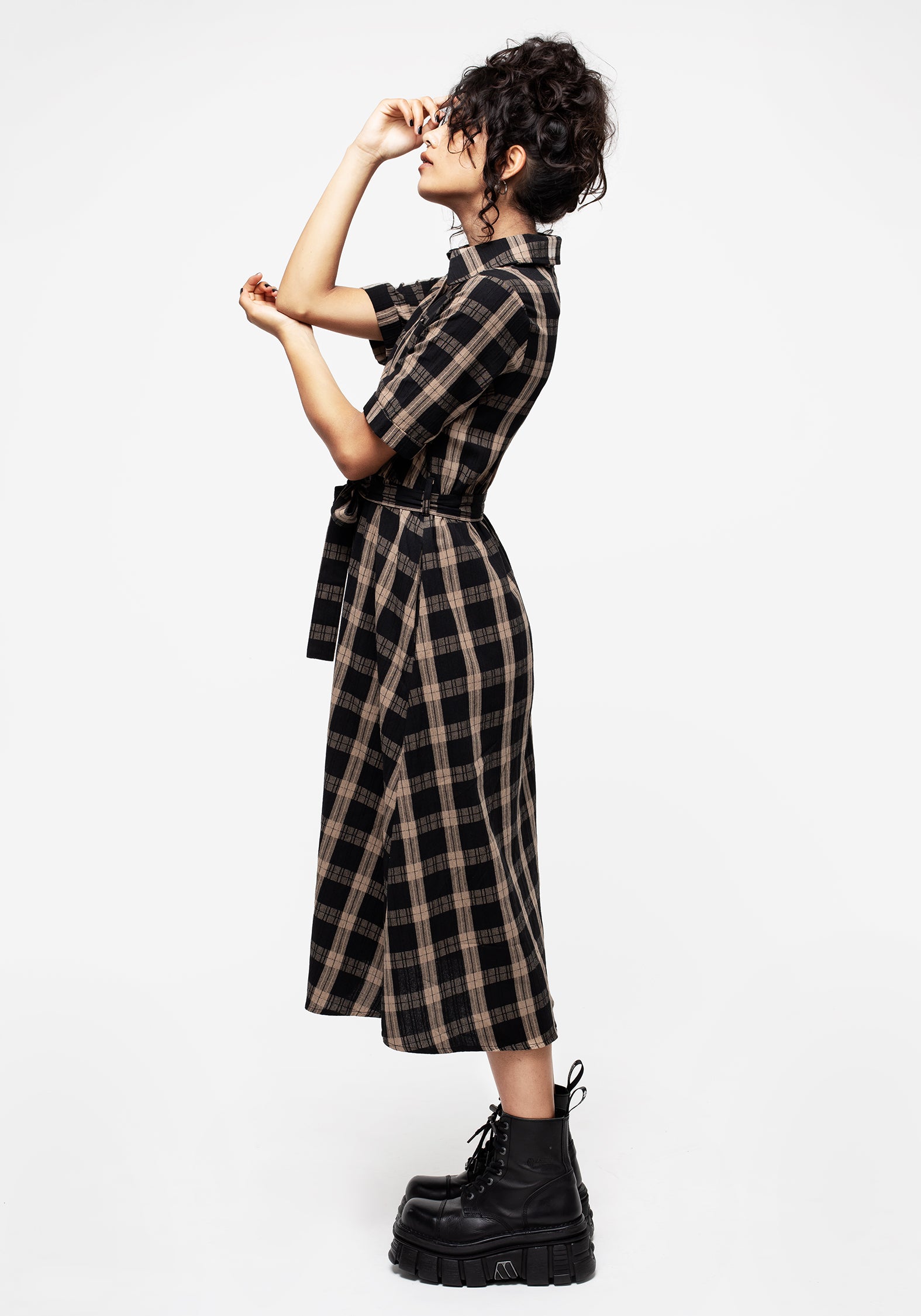 Black & Beige Check Cotton Midi Dress with Belt & Pockets | Rogue