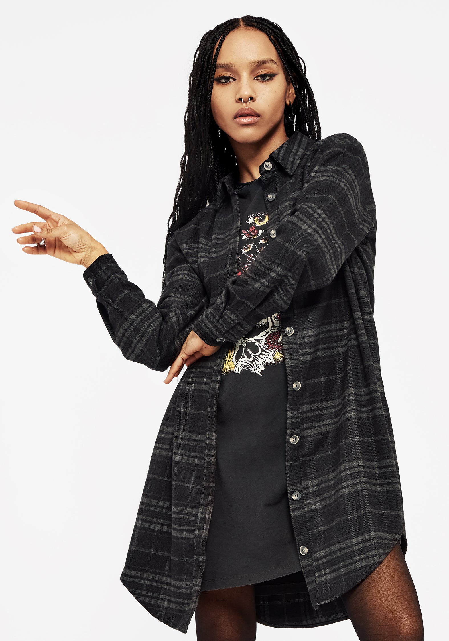 Black & Grey Check Longline Shirt | Oversized Button-Up for Layering