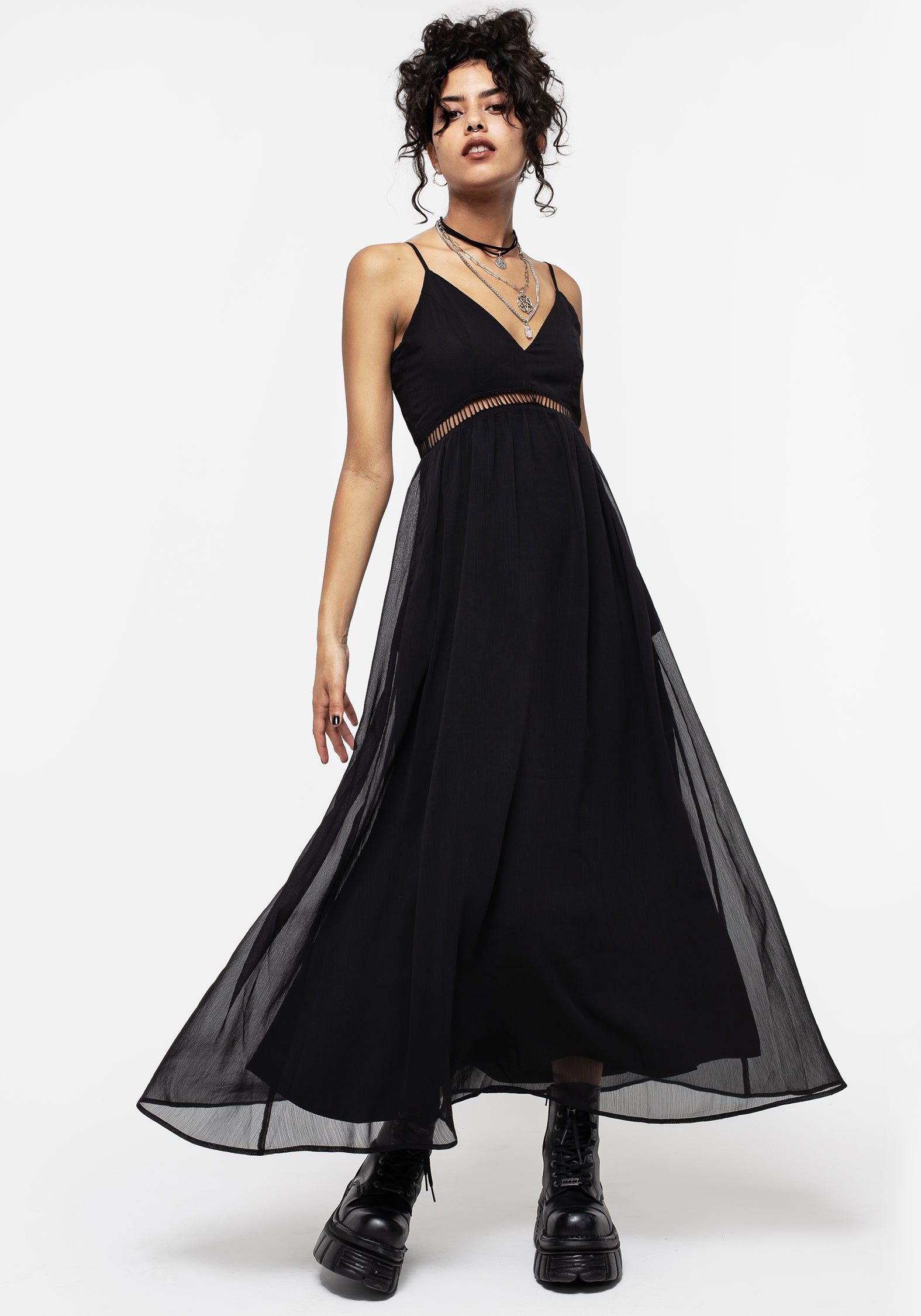 Black Maxi Cami Dress with Cut-Out Waistband & Adjustable Straps | Sable