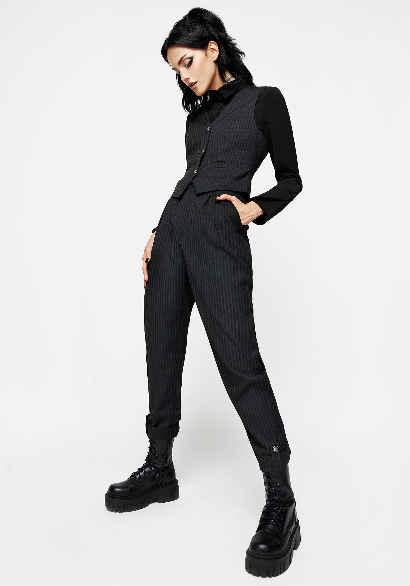 Black Striped Tapered Trousers with Elastic Waist & Pleats | Nevermore