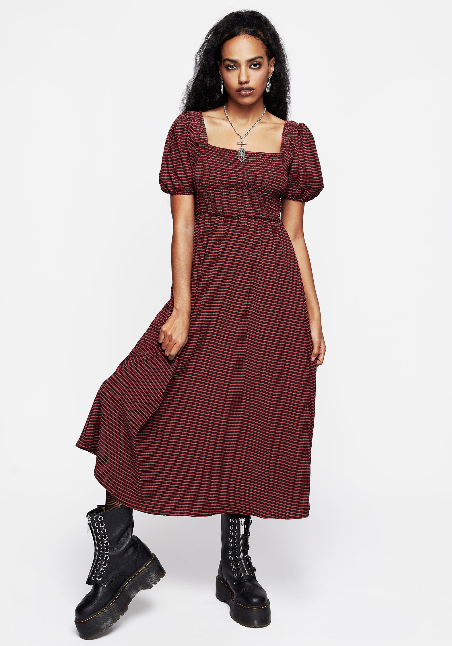Red & Black Check Midaxi Smock Dress with Puff Sleeves & Pockets