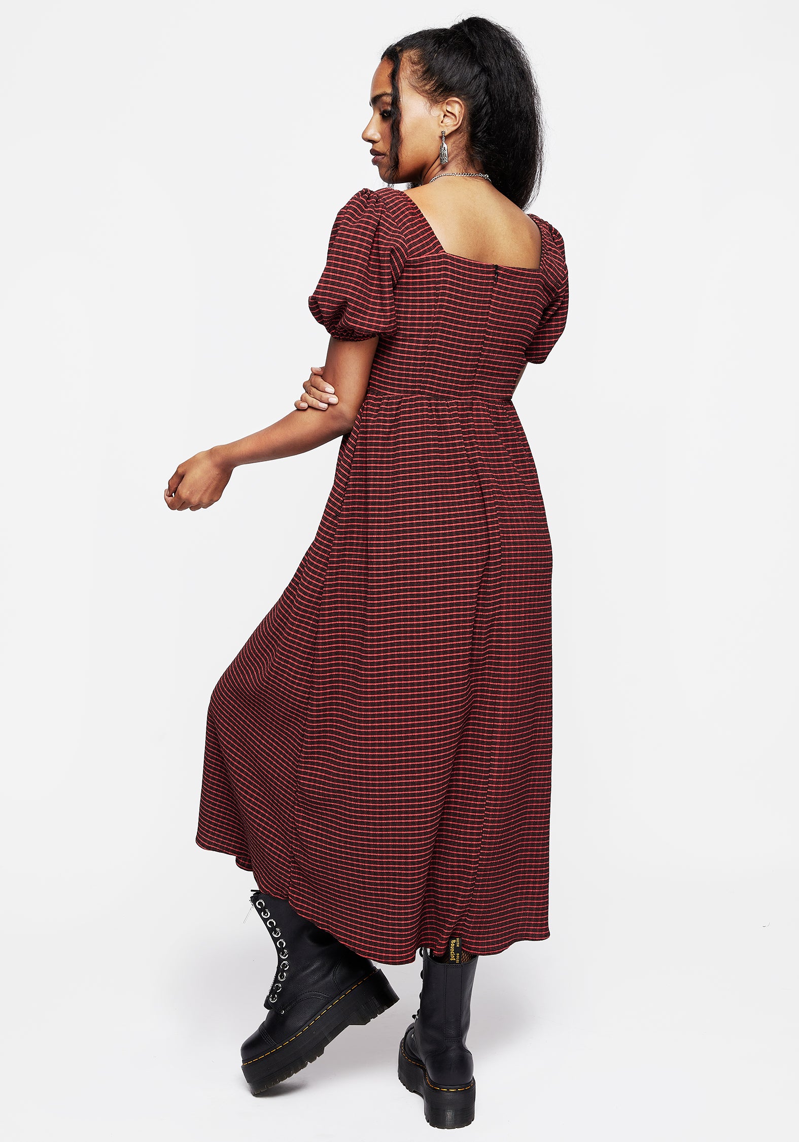 Red & Black Check Midaxi Smock Dress with Puff Sleeves & Pockets