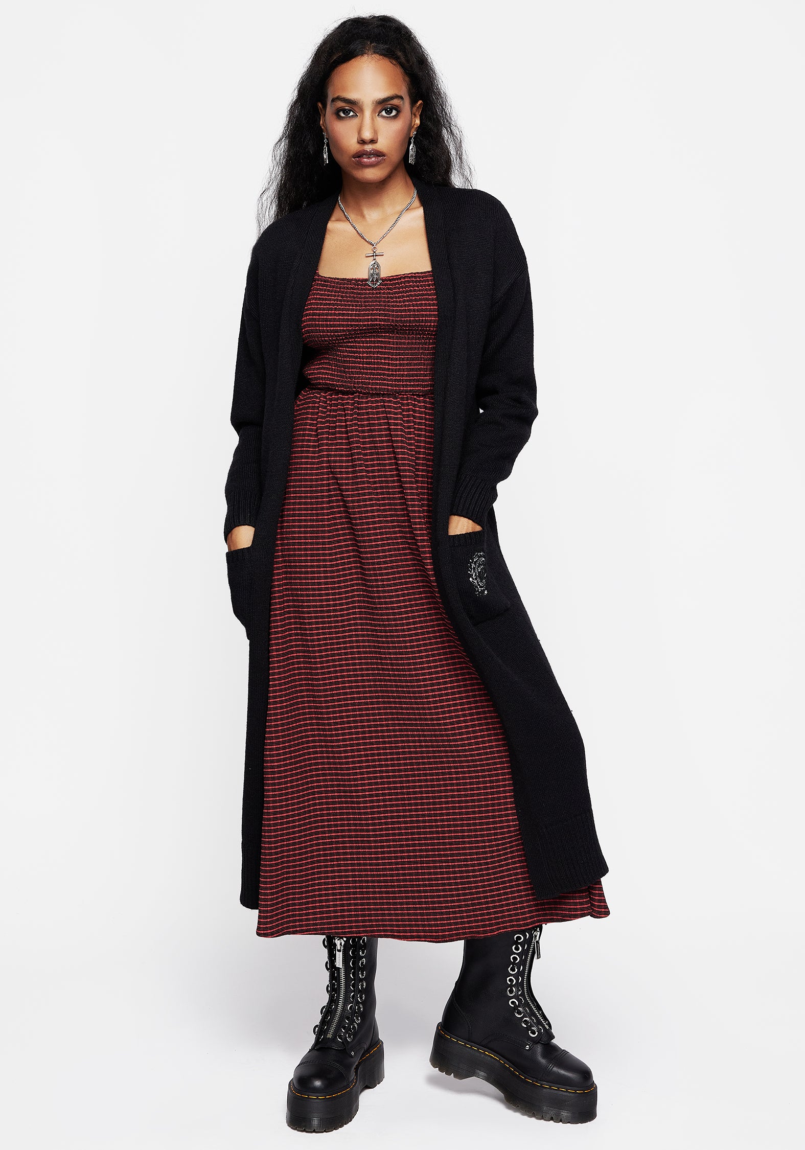 Red & Black Check Midaxi Smock Dress with Puff Sleeves & Pockets