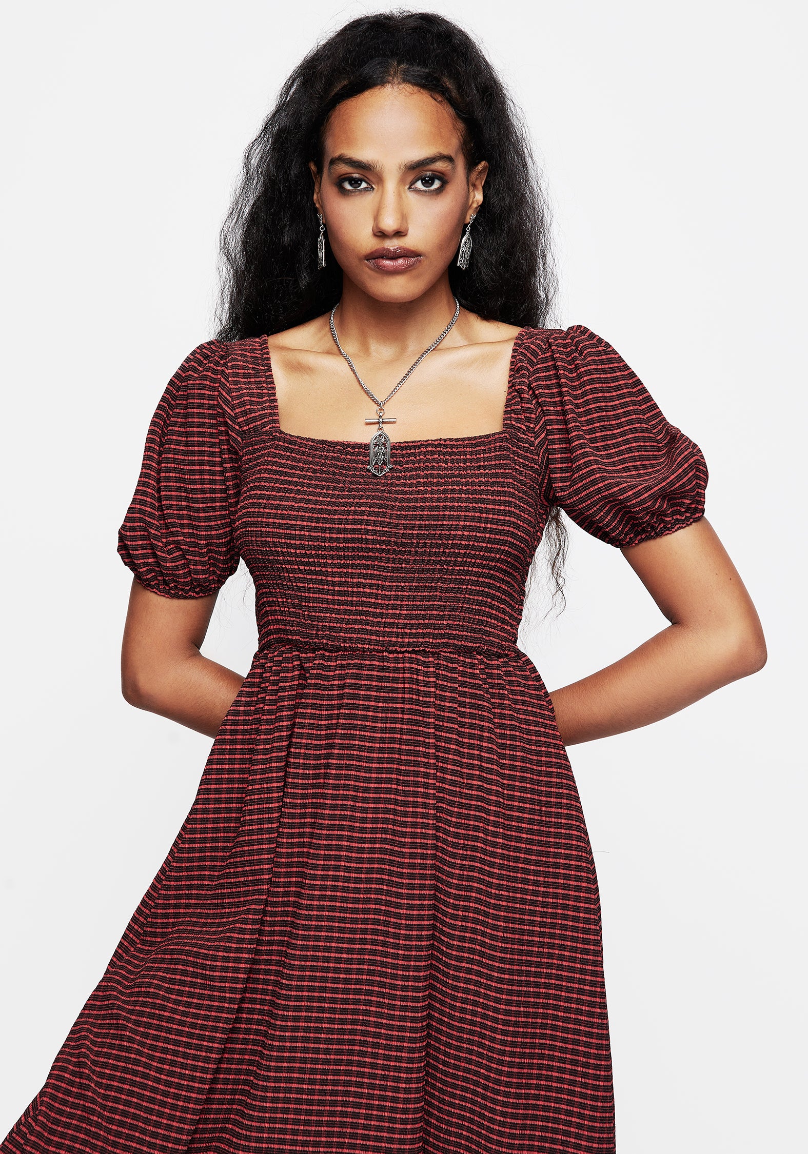 Red & Black Check Midaxi Smock Dress with Puff Sleeves & Pockets