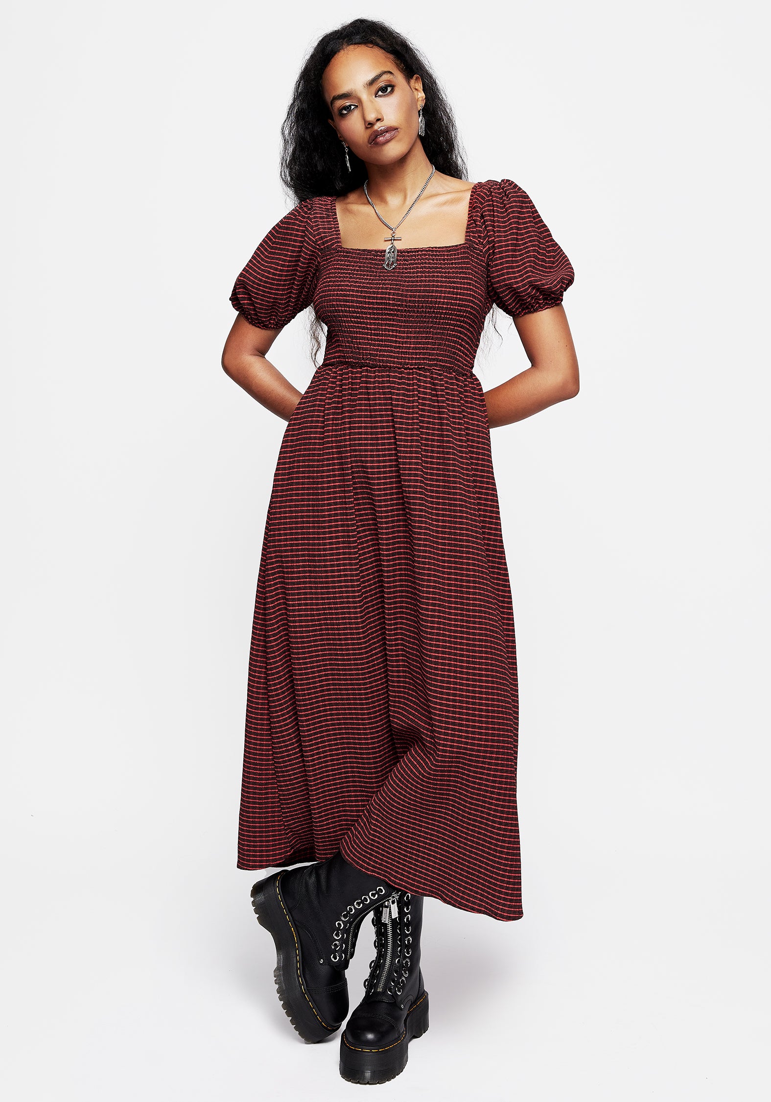Red & Black Check Midaxi Smock Dress with Puff Sleeves & Pockets