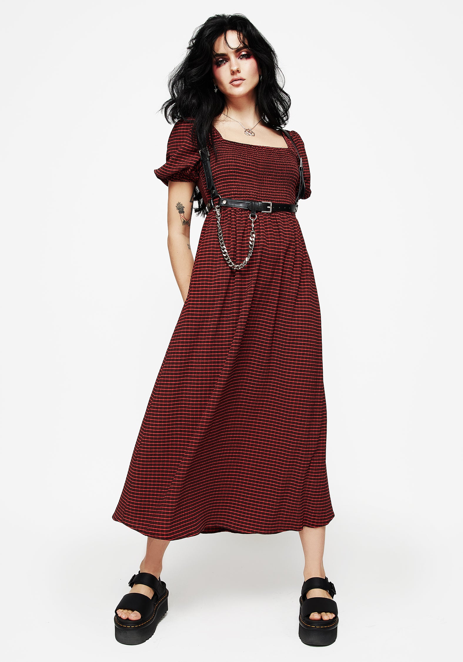 Red & Black Check Midaxi Smock Dress with Puff Sleeves & Pockets