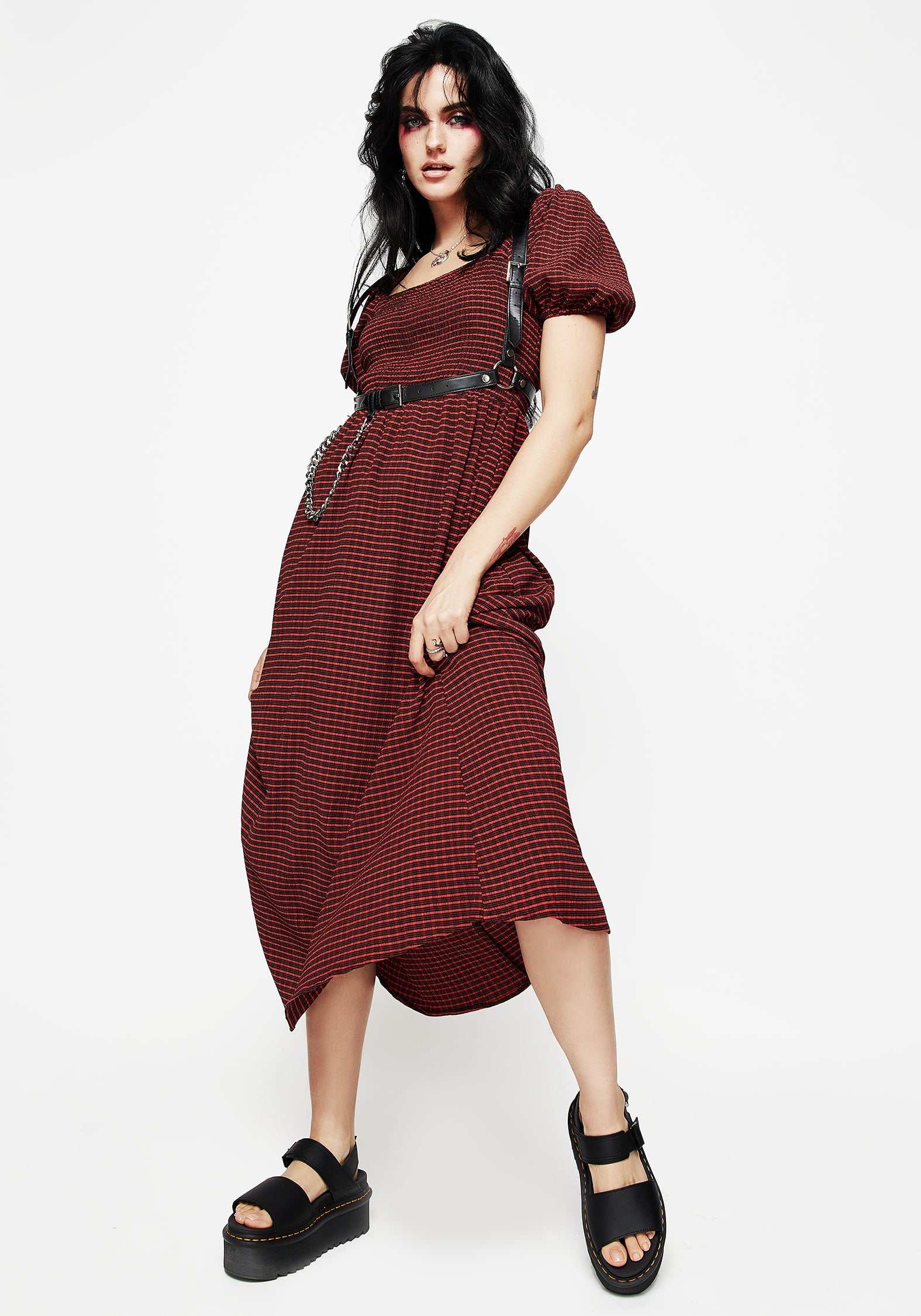 Red & Black Check Midaxi Smock Dress with Puff Sleeves & Pockets