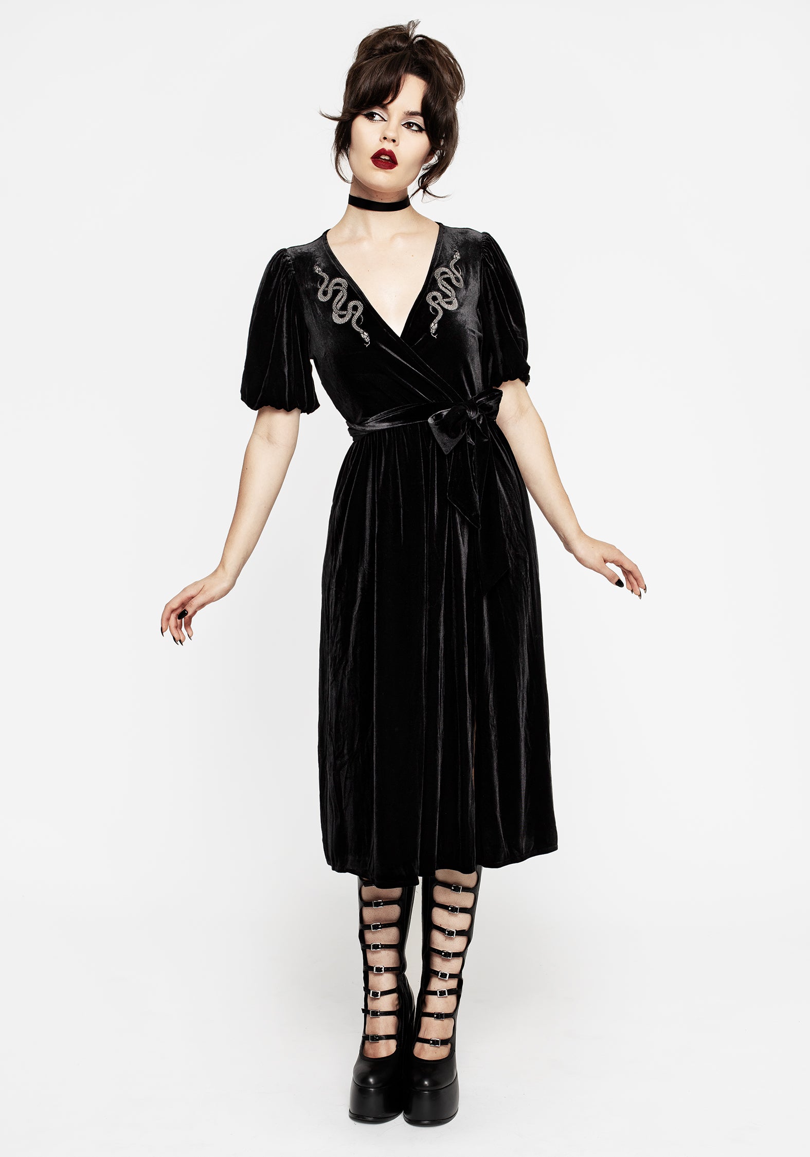 Black Velvet Midi Wrap Dress with Snake Embroidery | Zarina