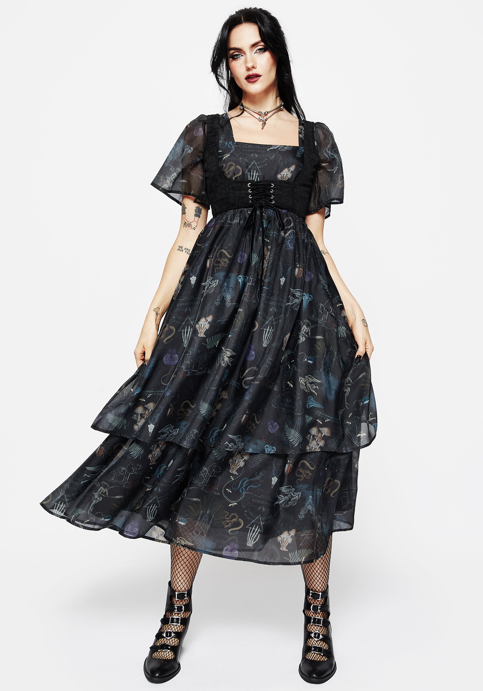 Gothic Victoriana Print Organza Dress with Layered Skirt | Maudeline