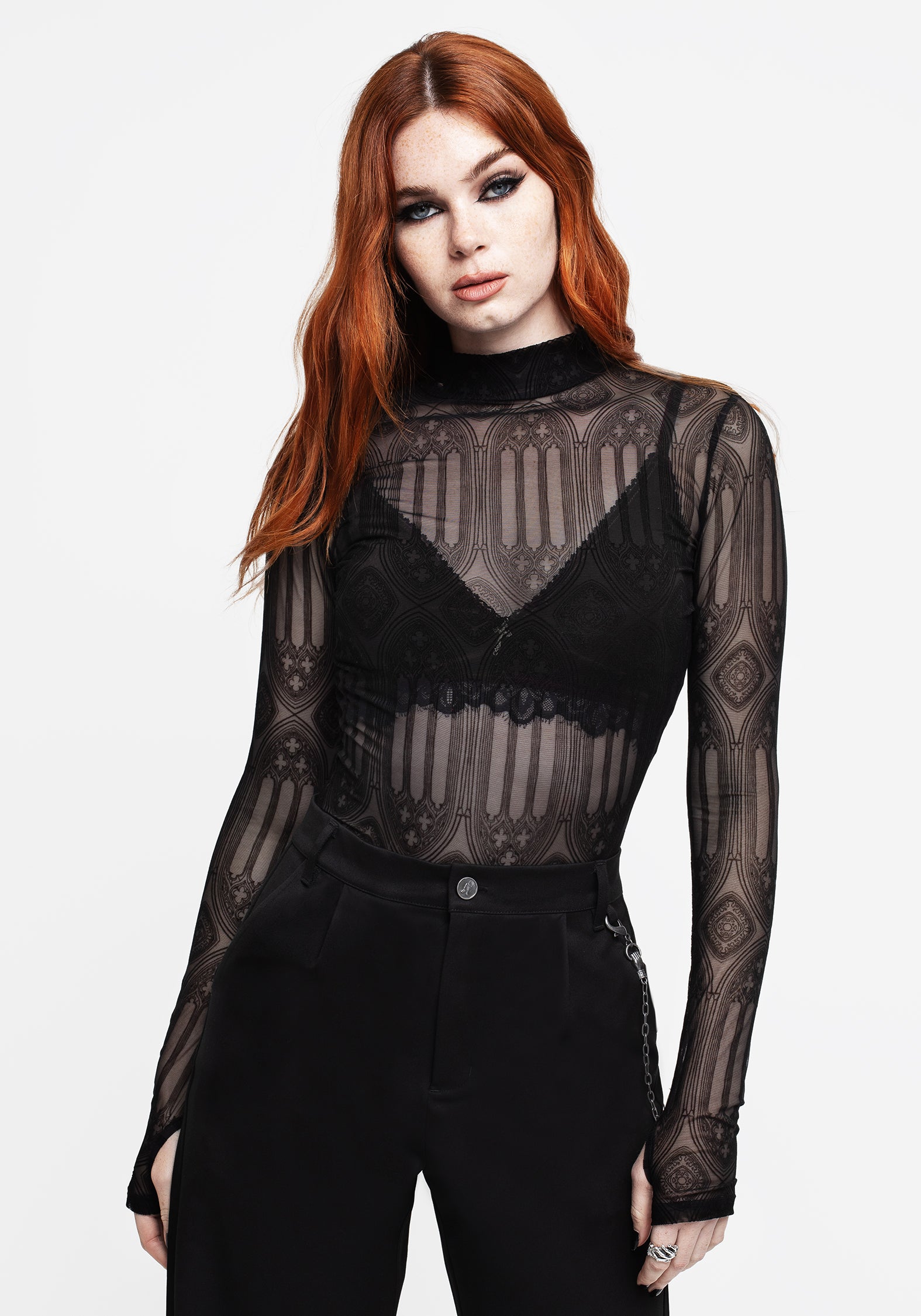 Gothic Flocked Mesh Top with Thumb Holes | Cloister