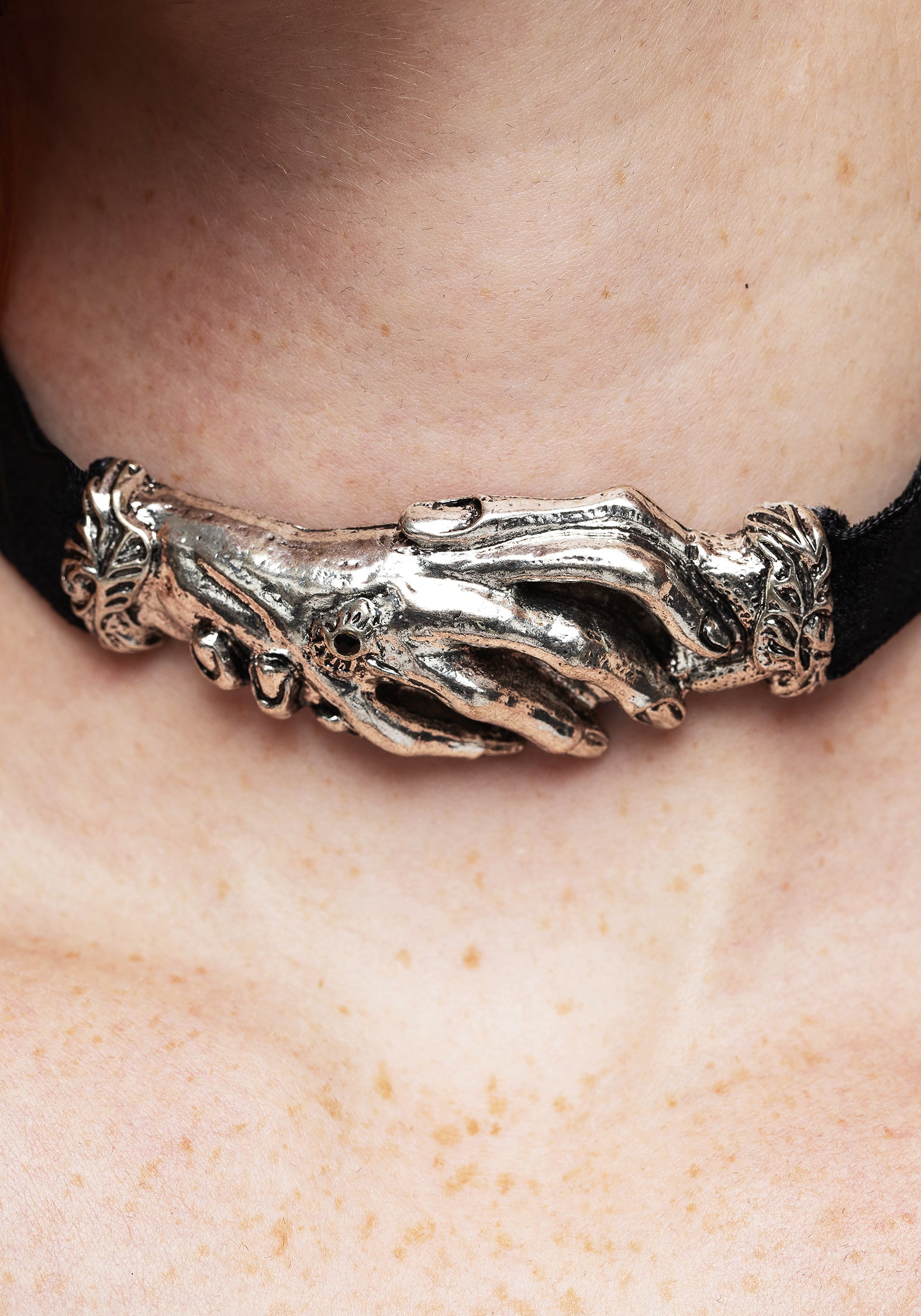 Handfasting Choker Necklace with Black Gem & Velour Ribbon | Silver Gothic Jewelry