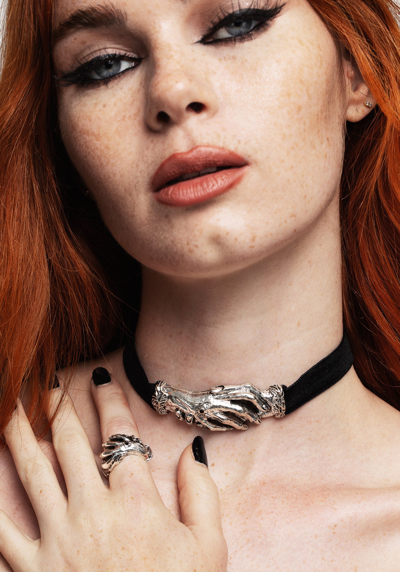 Handfasting Choker Necklace with Black Gem & Velour Ribbon | Silver Gothic Jewelry