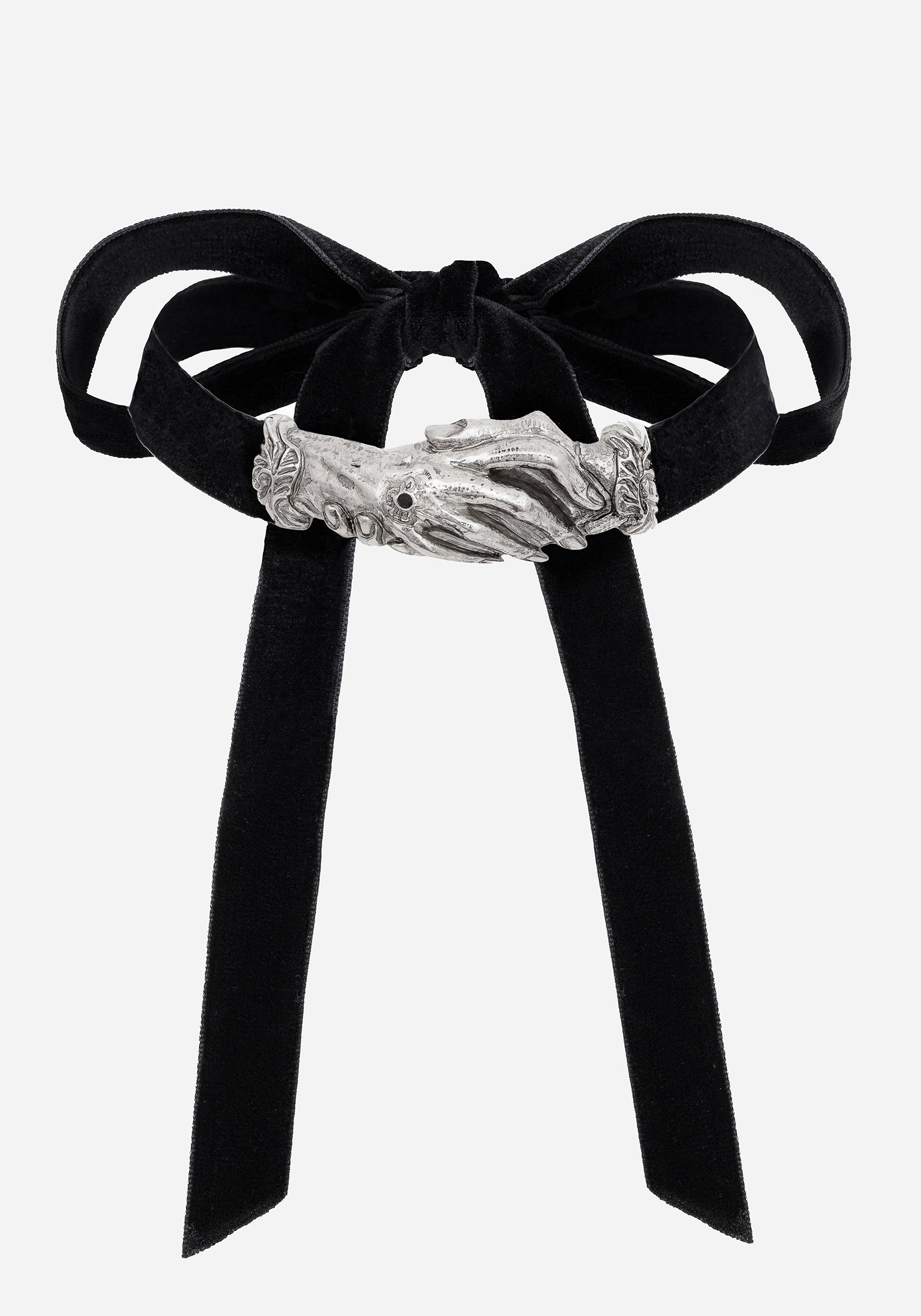 Handfasting Choker Necklace with Black Gem & Velour Ribbon | Silver Gothic Jewelry