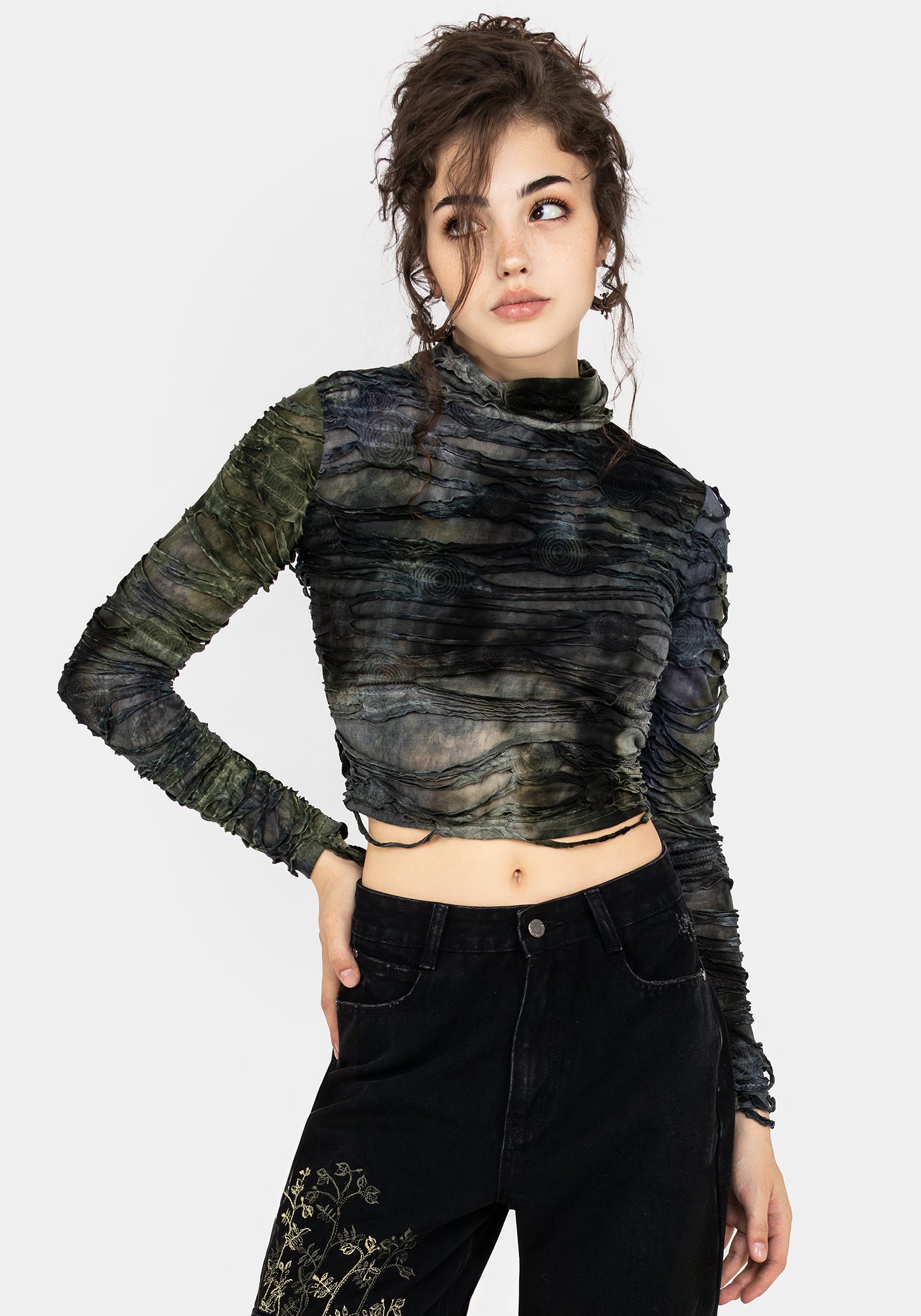 Distressed Green Long Sleeve Top with Keyhole Neck | Chlorella