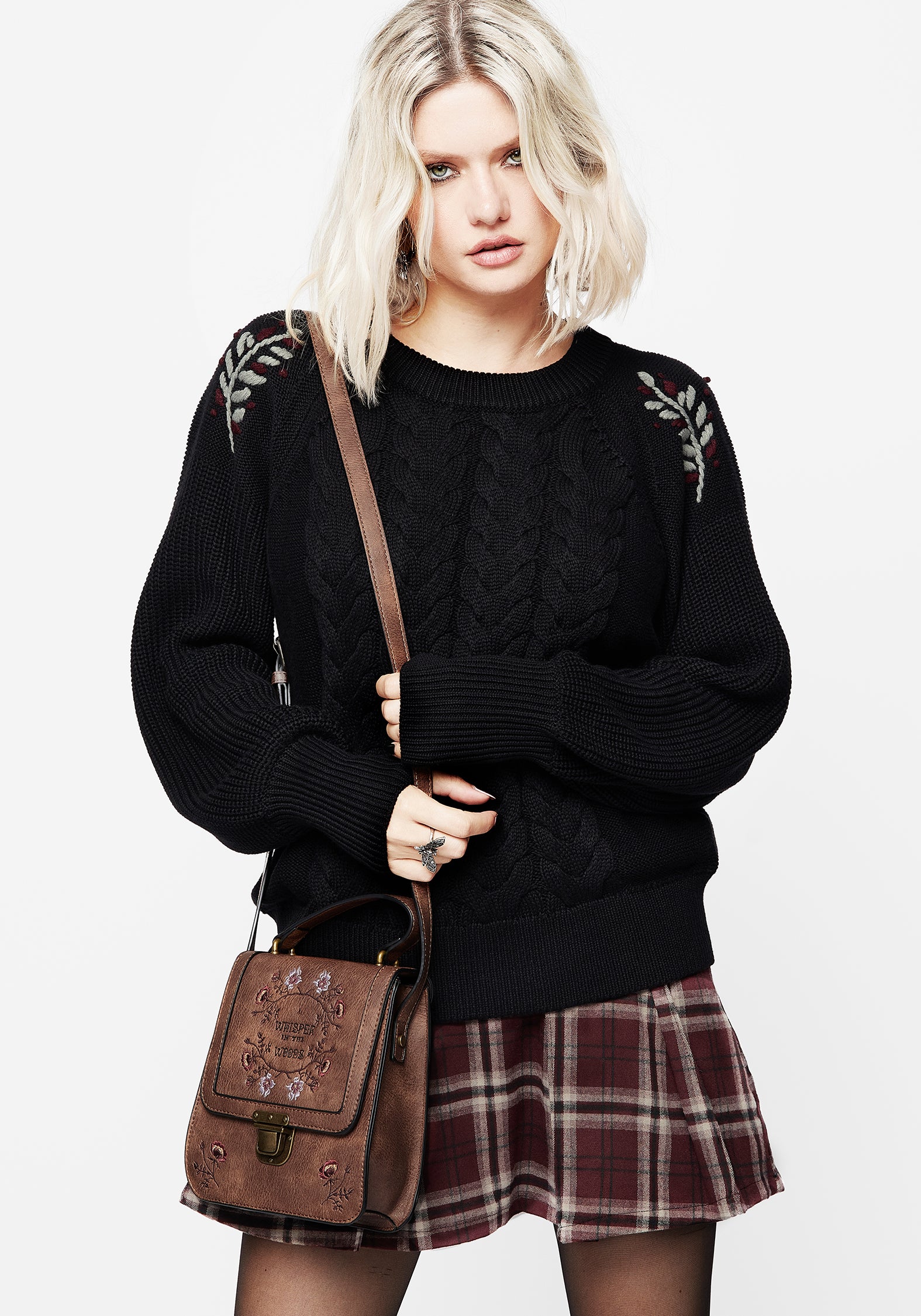 Embroidered Cable Knit Sweater with Floral Vine Design | Patrice