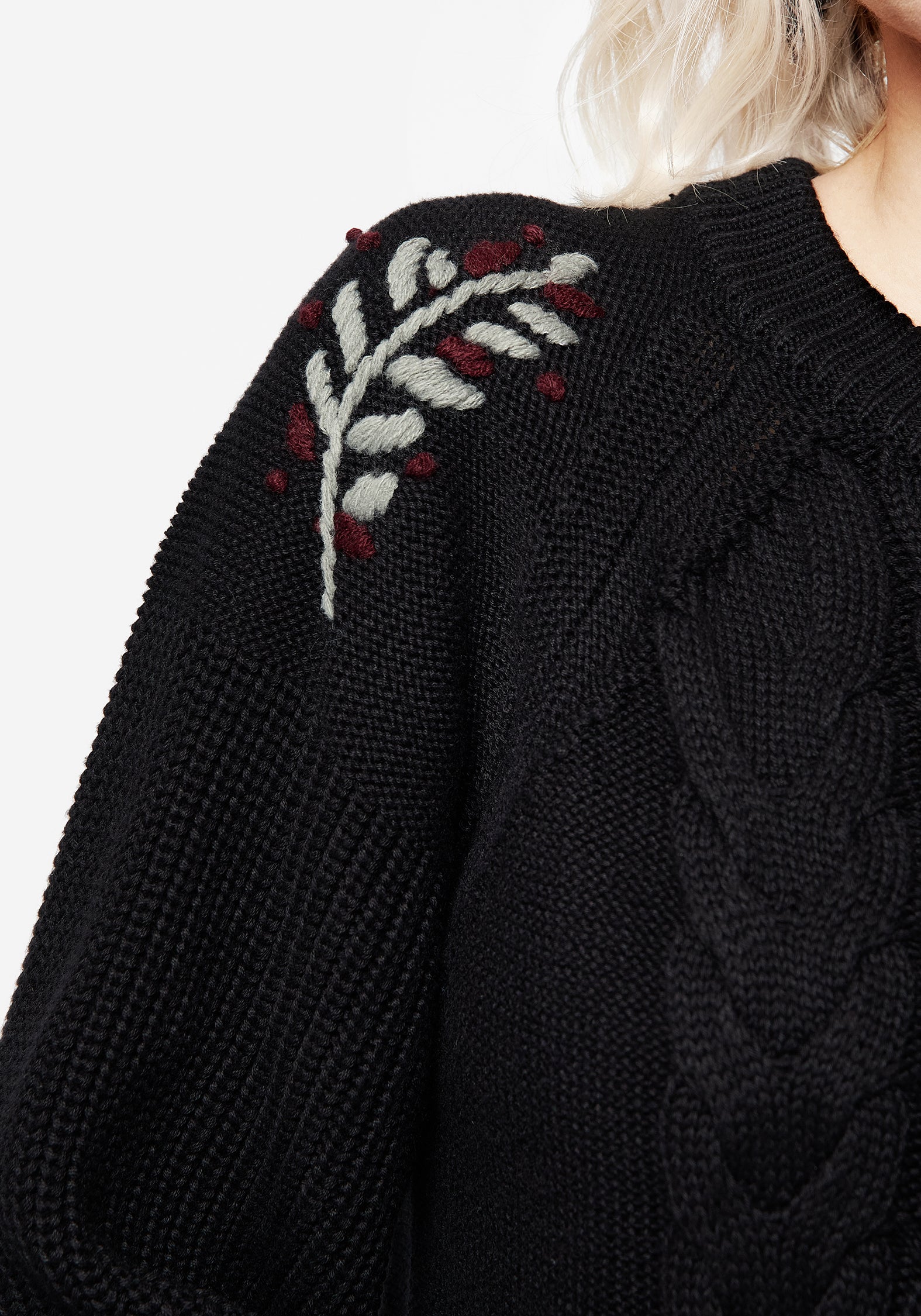 Embroidered Cable Knit Sweater with Floral Vine Design | Patrice