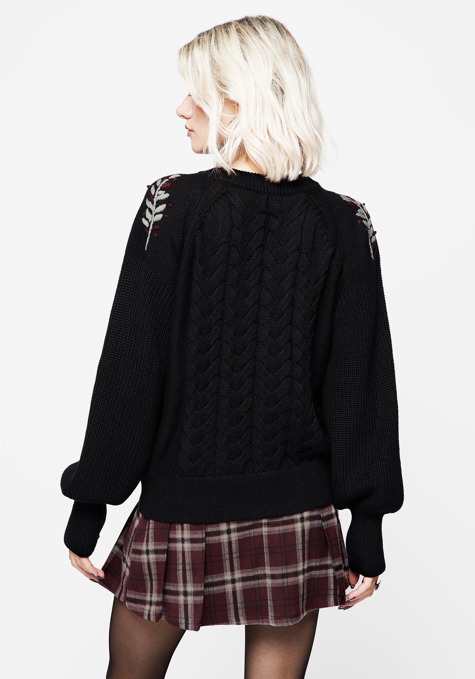 Embroidered Cable Knit Sweater with Floral Vine Design | Patrice