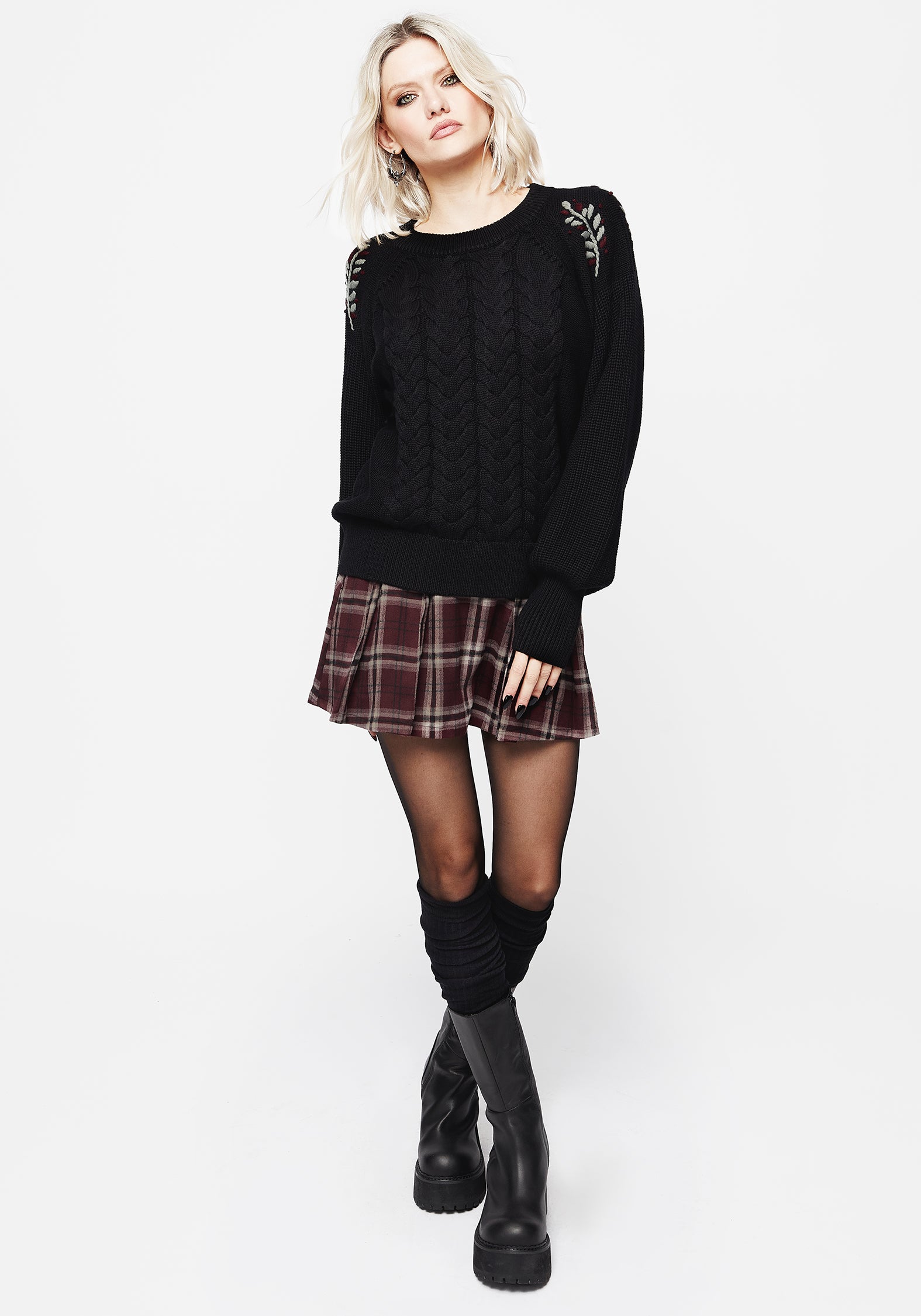 Embroidered Cable Knit Sweater with Floral Vine Design | Patrice