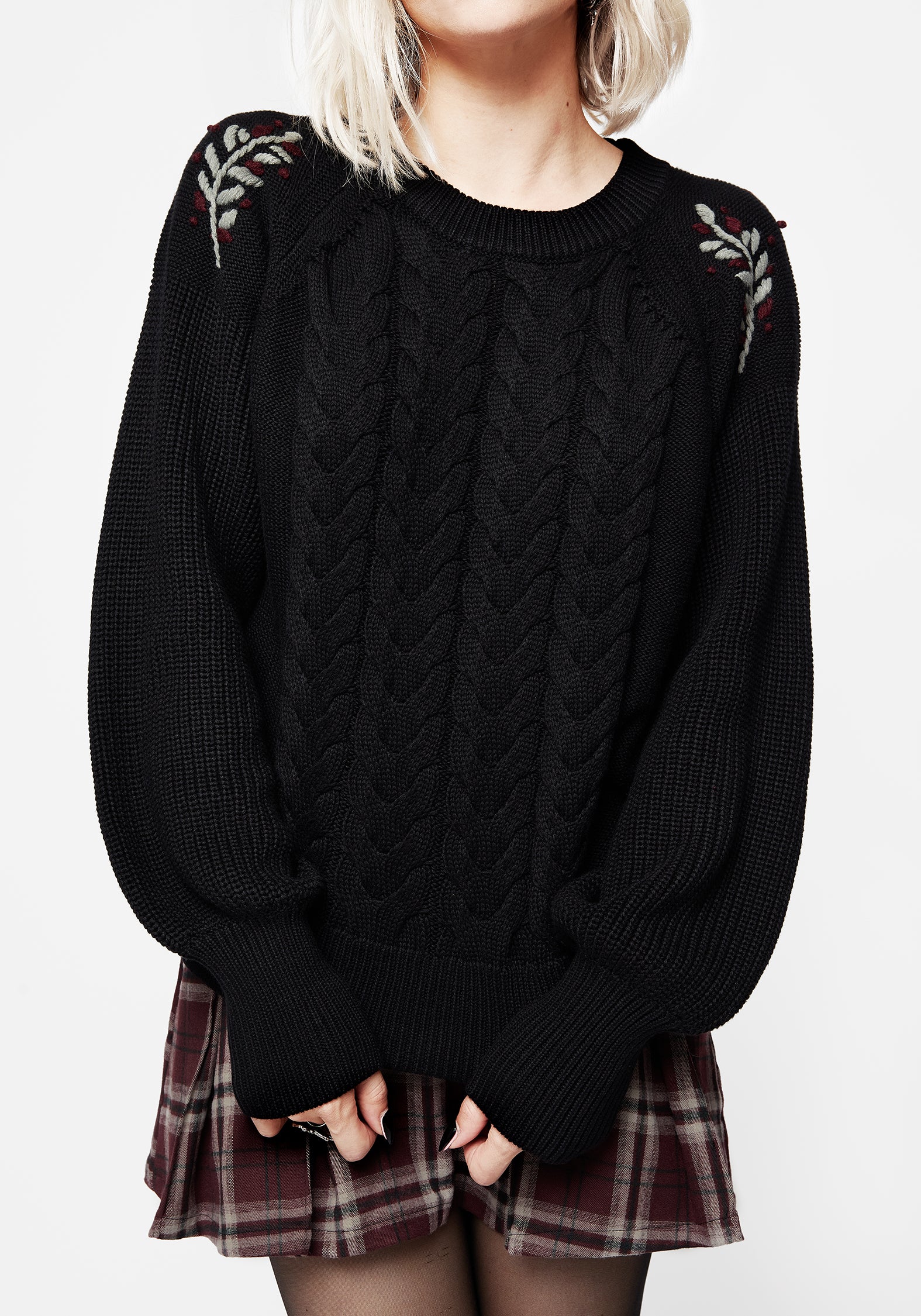 Embroidered Cable Knit Sweater with Floral Vine Design | Patrice
