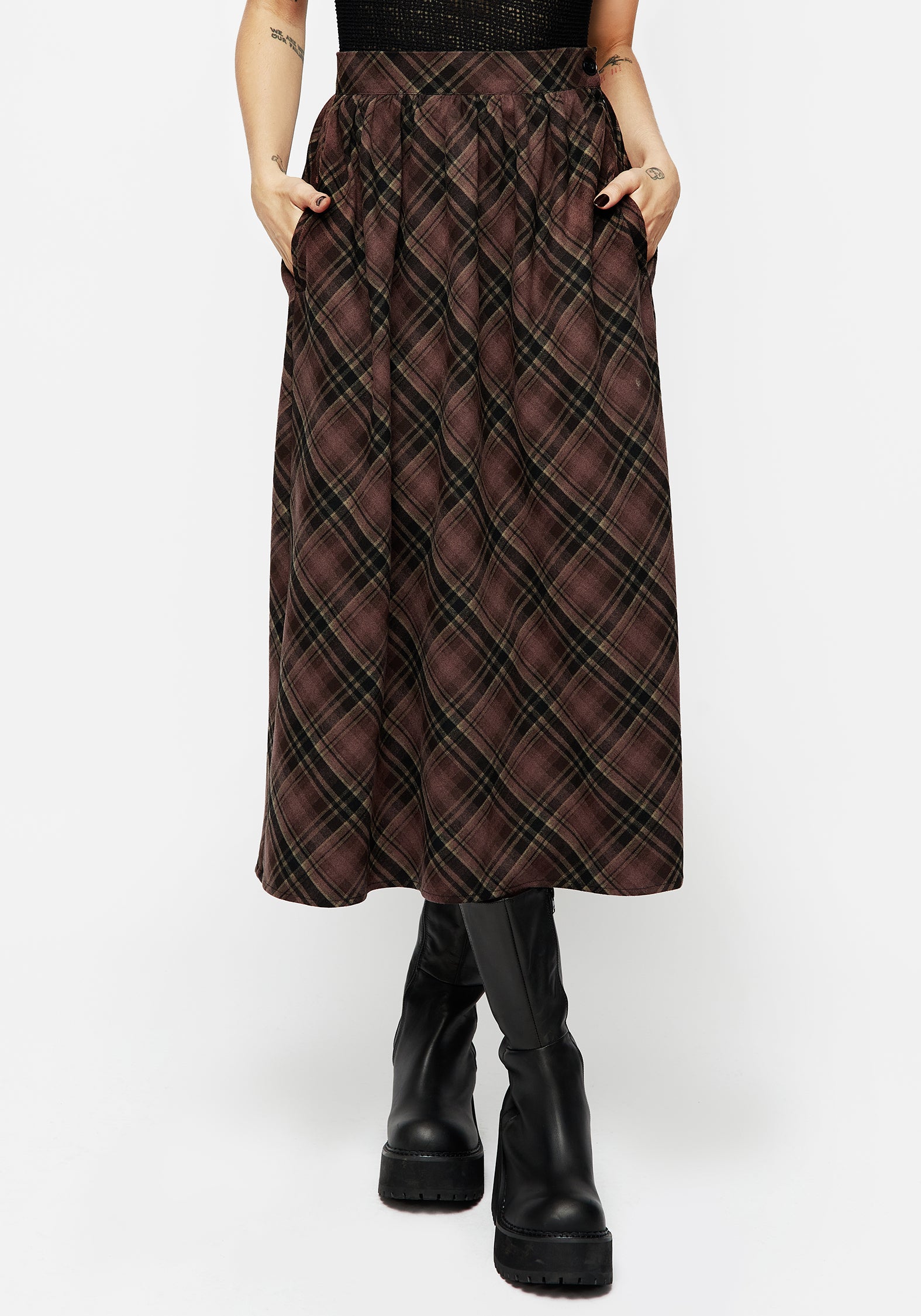Black & Burgundy Check Midi Skirt with Elastic Waistband | Hickory