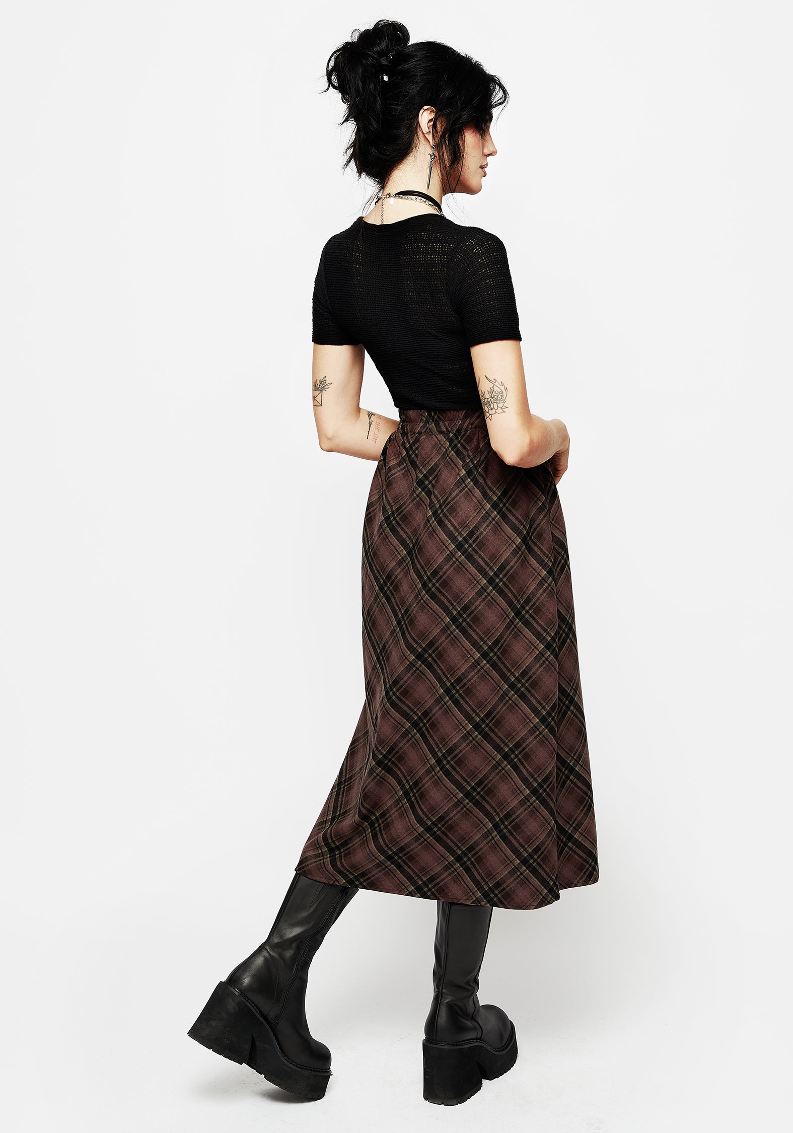 Black & Burgundy Check Midi Skirt with Elastic Waistband | Hickory