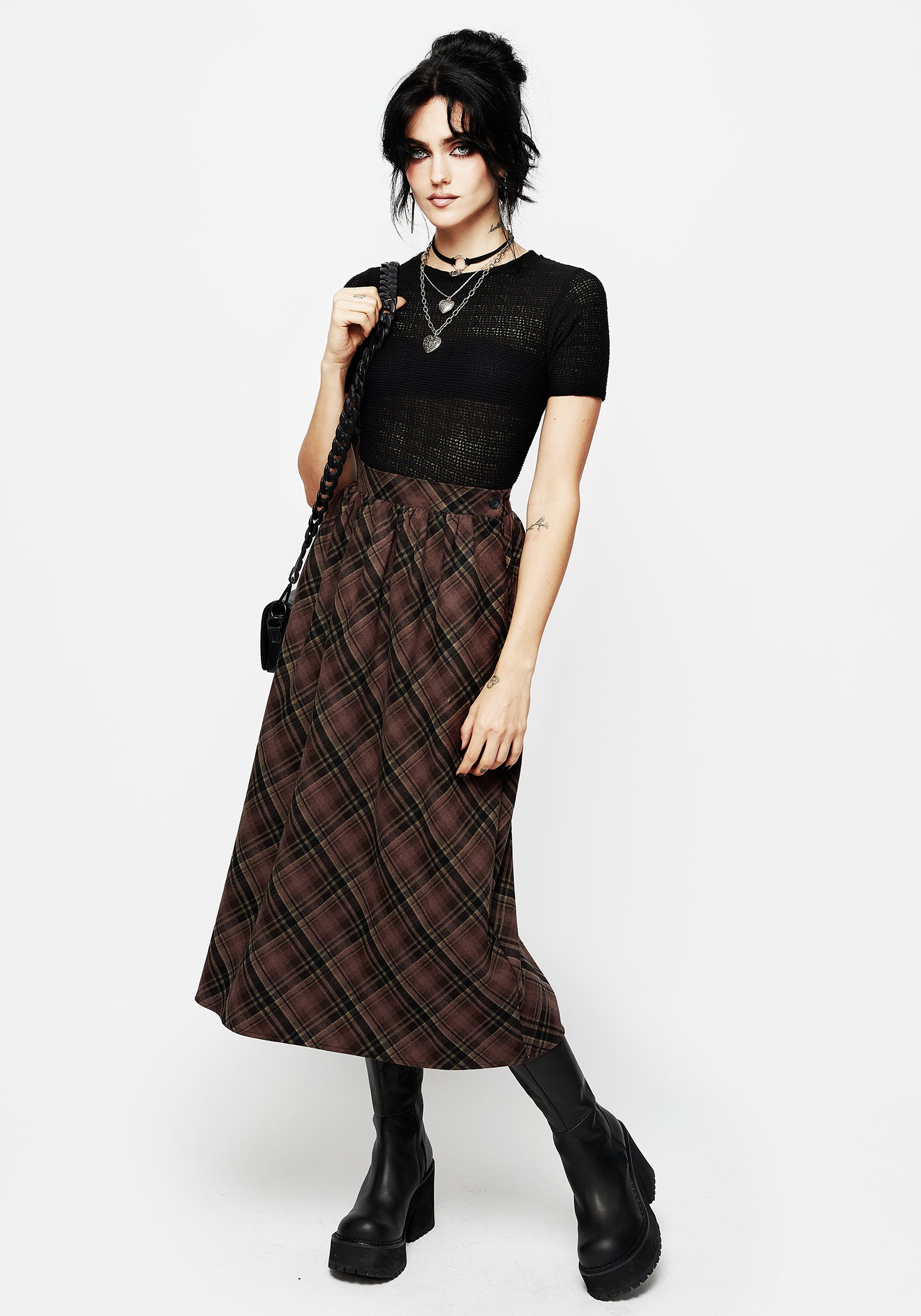 Black & Burgundy Check Midi Skirt with Elastic Waistband | Hickory