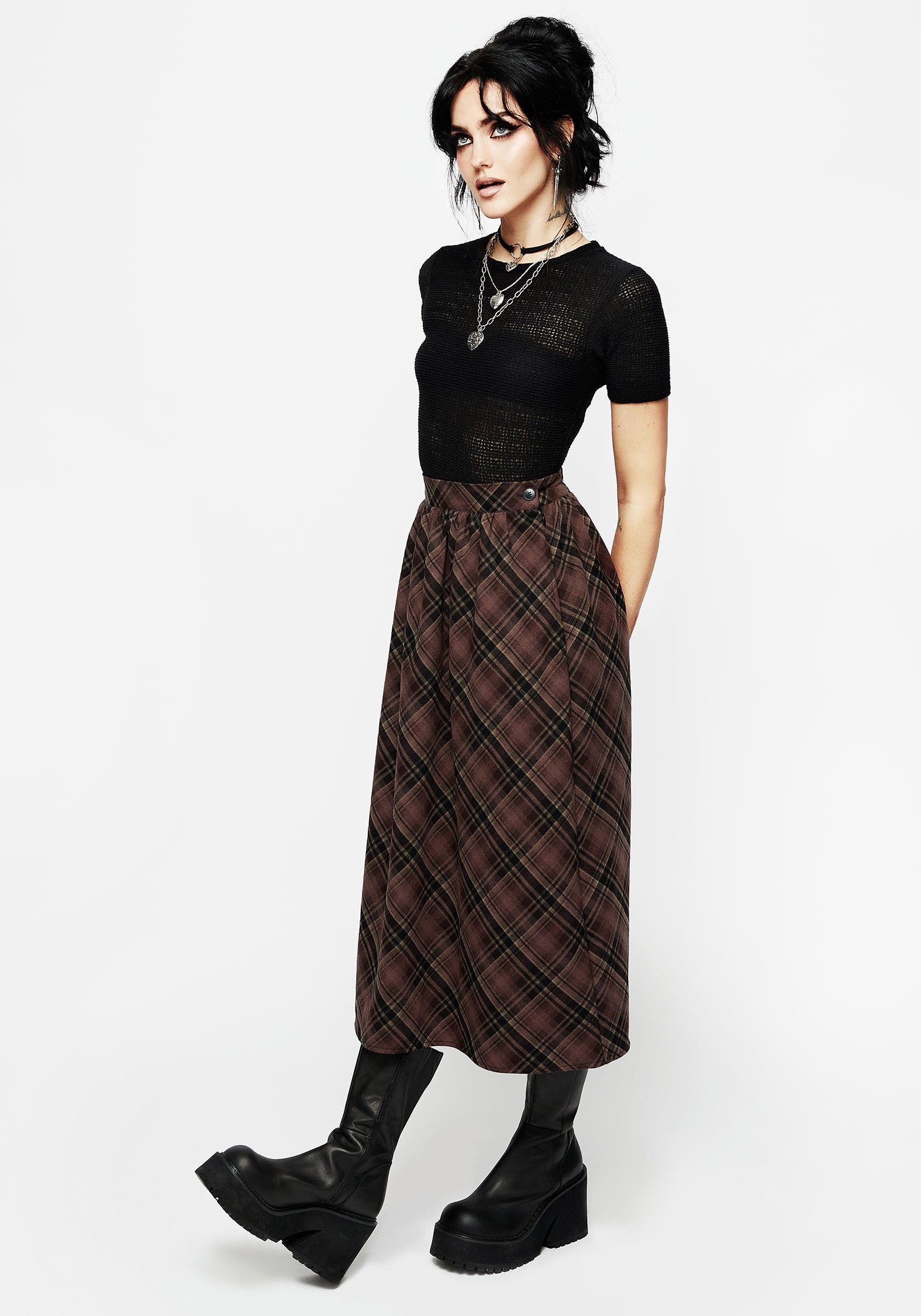 Black & Burgundy Check Midi Skirt with Elastic Waistband | Hickory