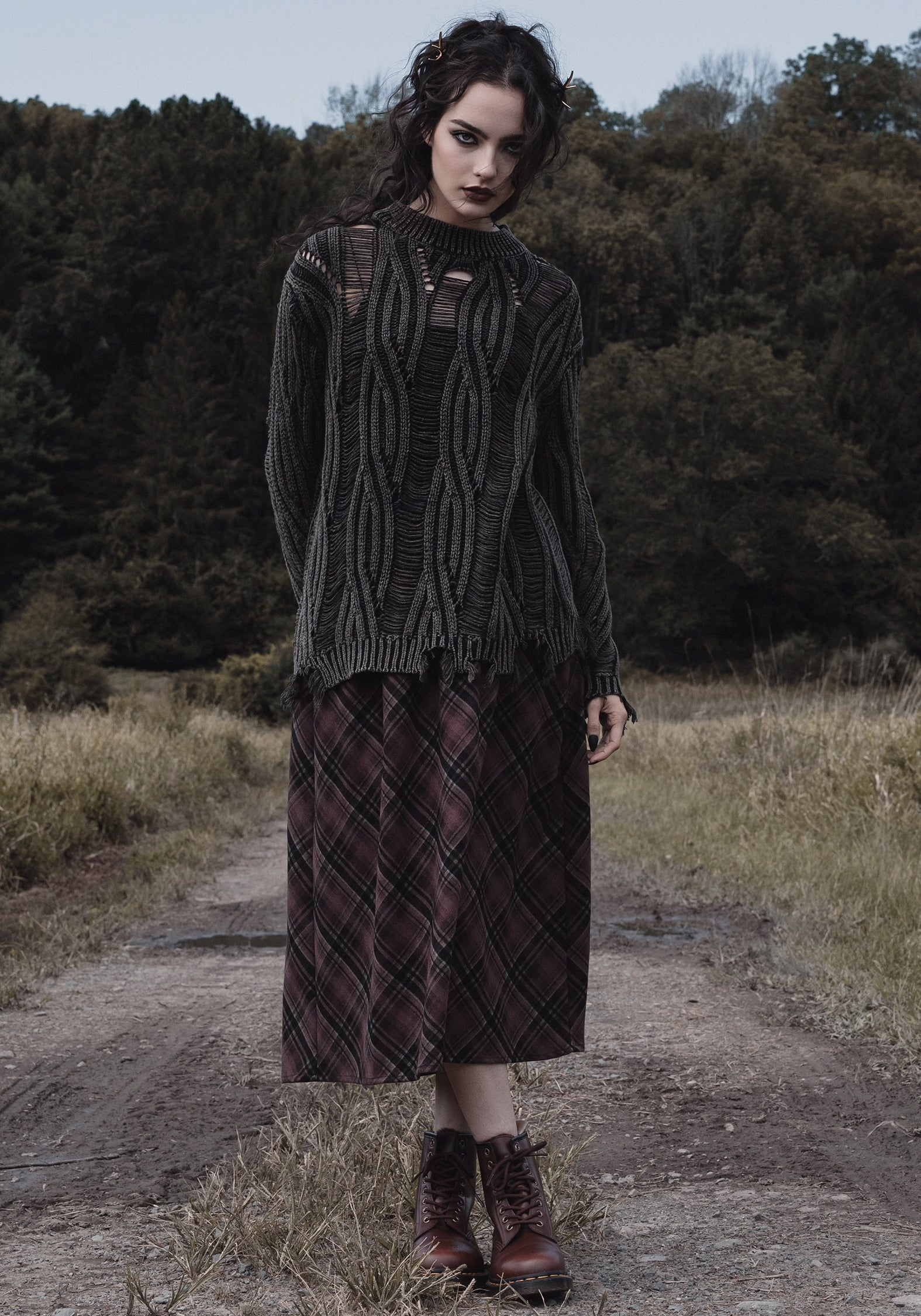 Black & Burgundy Check Midi Skirt with Elastic Waistband | Hickory