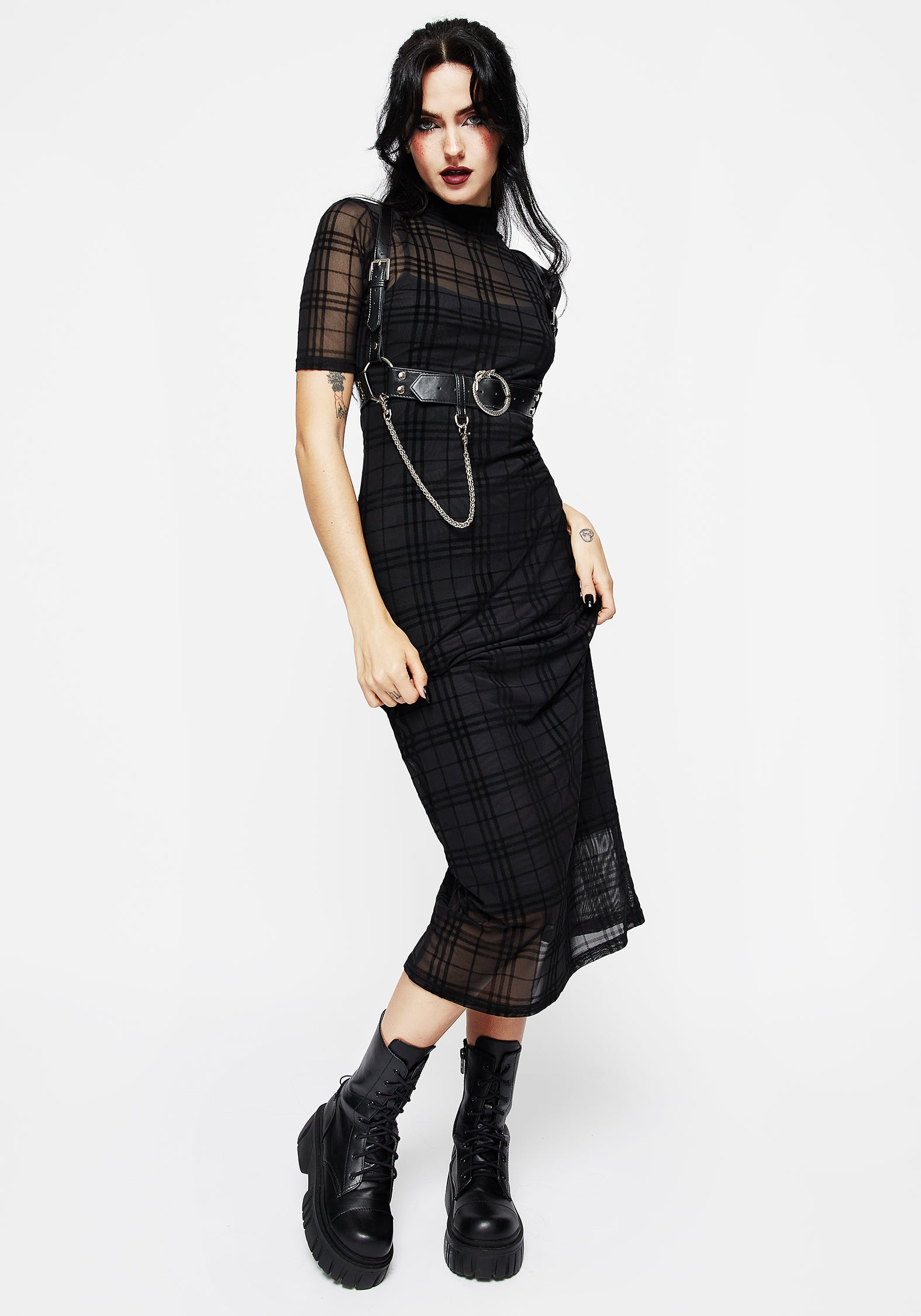 Black Check Mesh Bodycon Dress with Slip Lining | Buffy